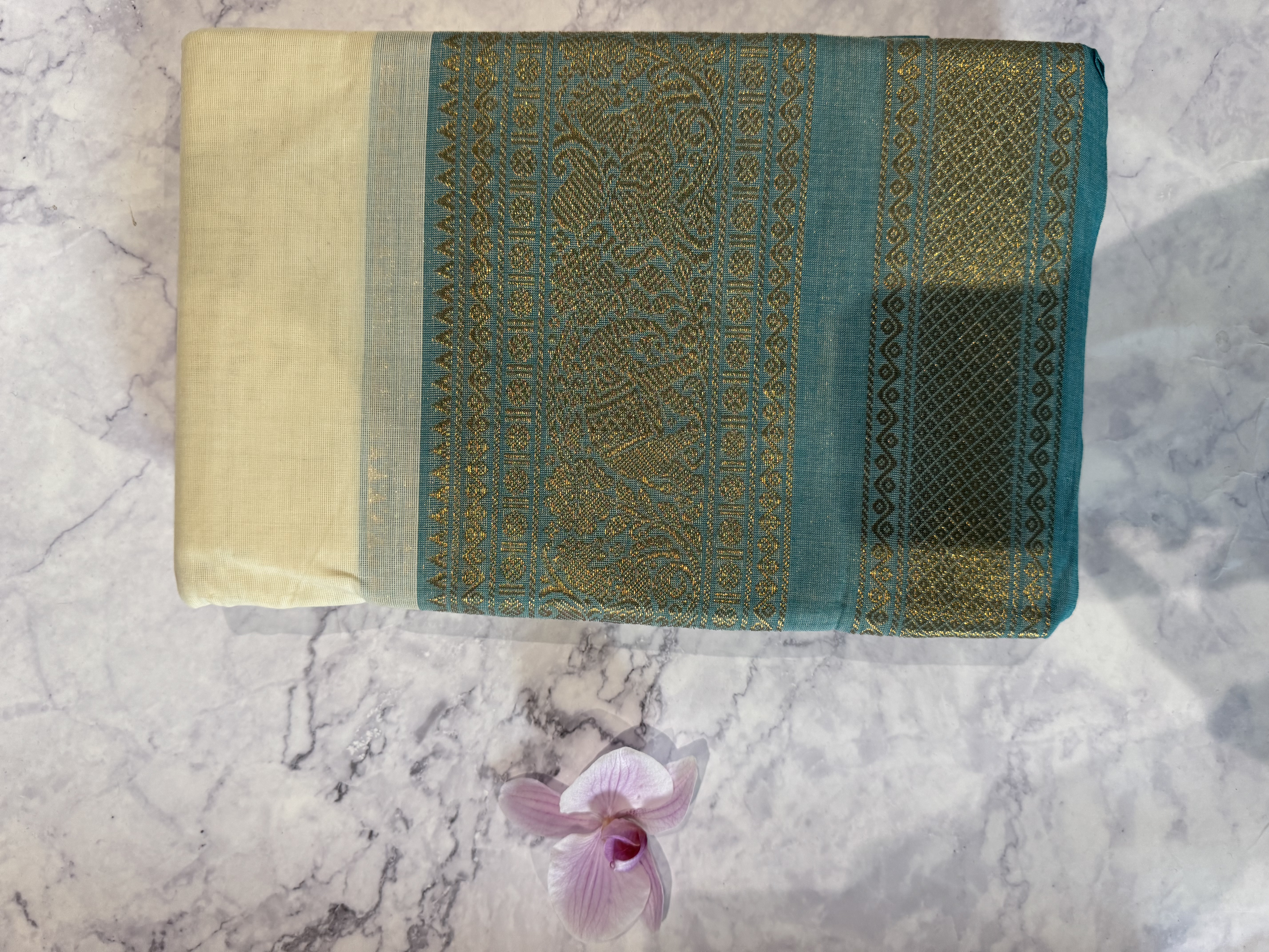 Cream and blue cotton saree