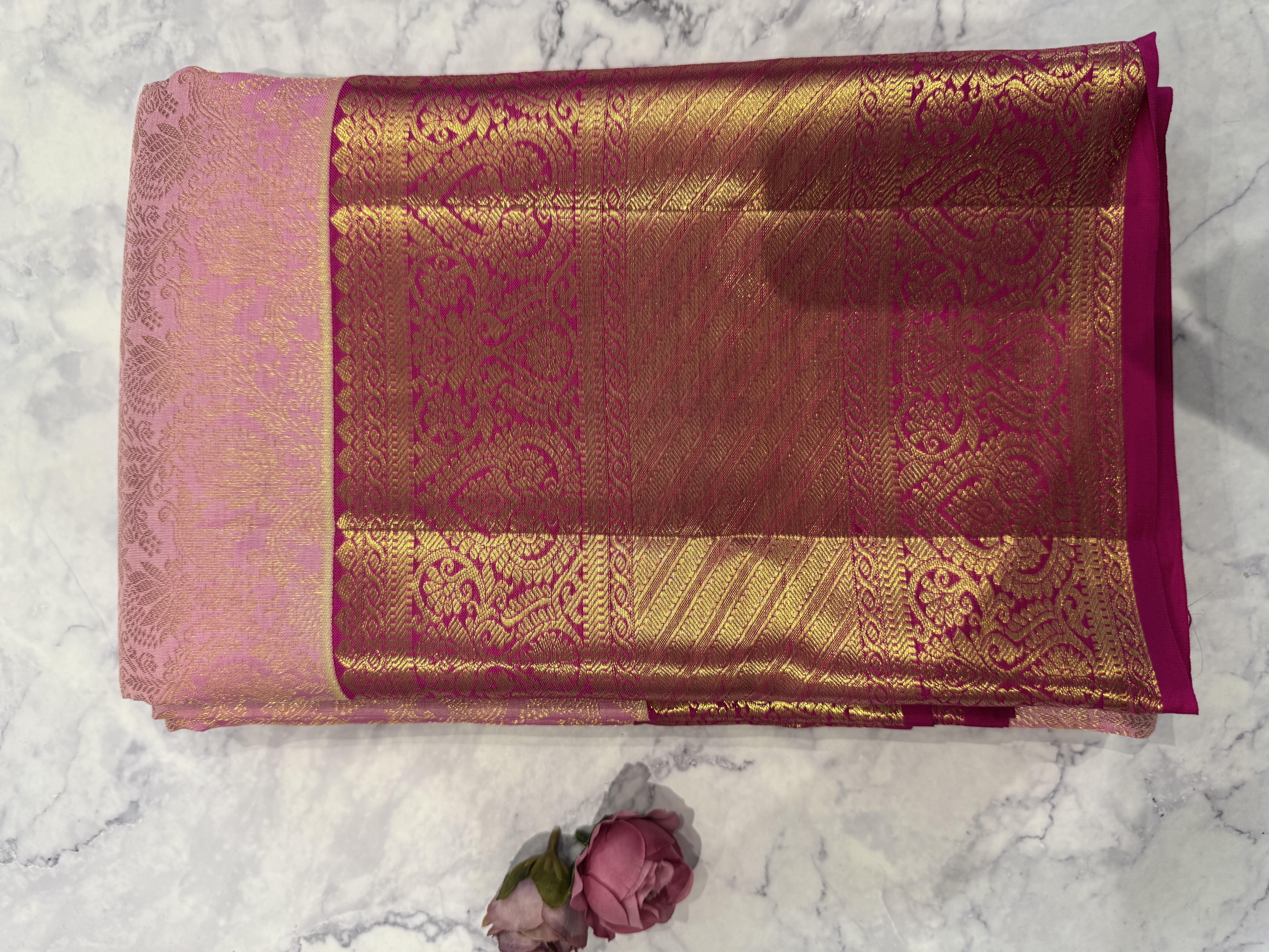 Pink floral with dark pink blouse pure silk saree collection