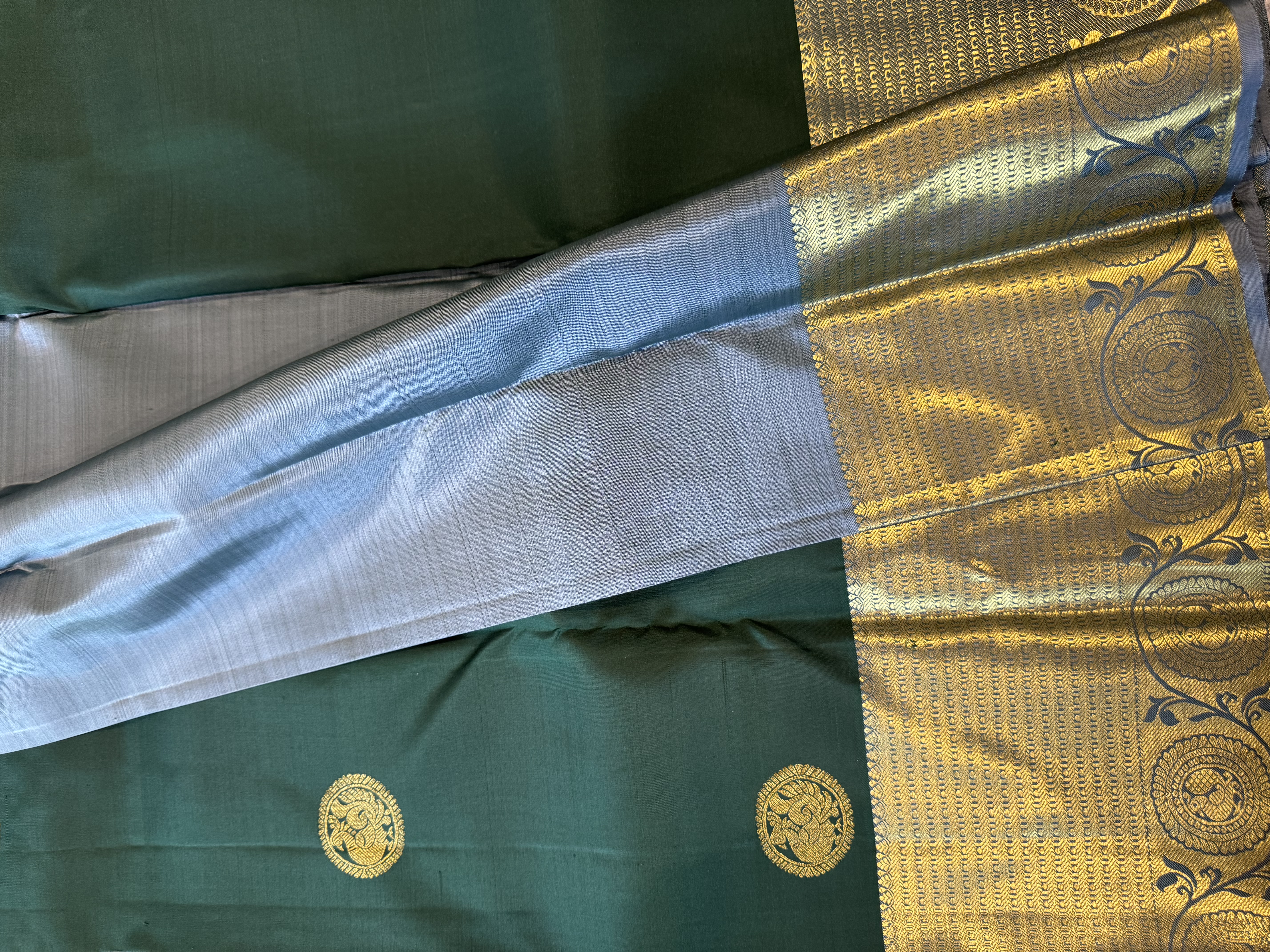 Green with blue blouse pure silk saree collection