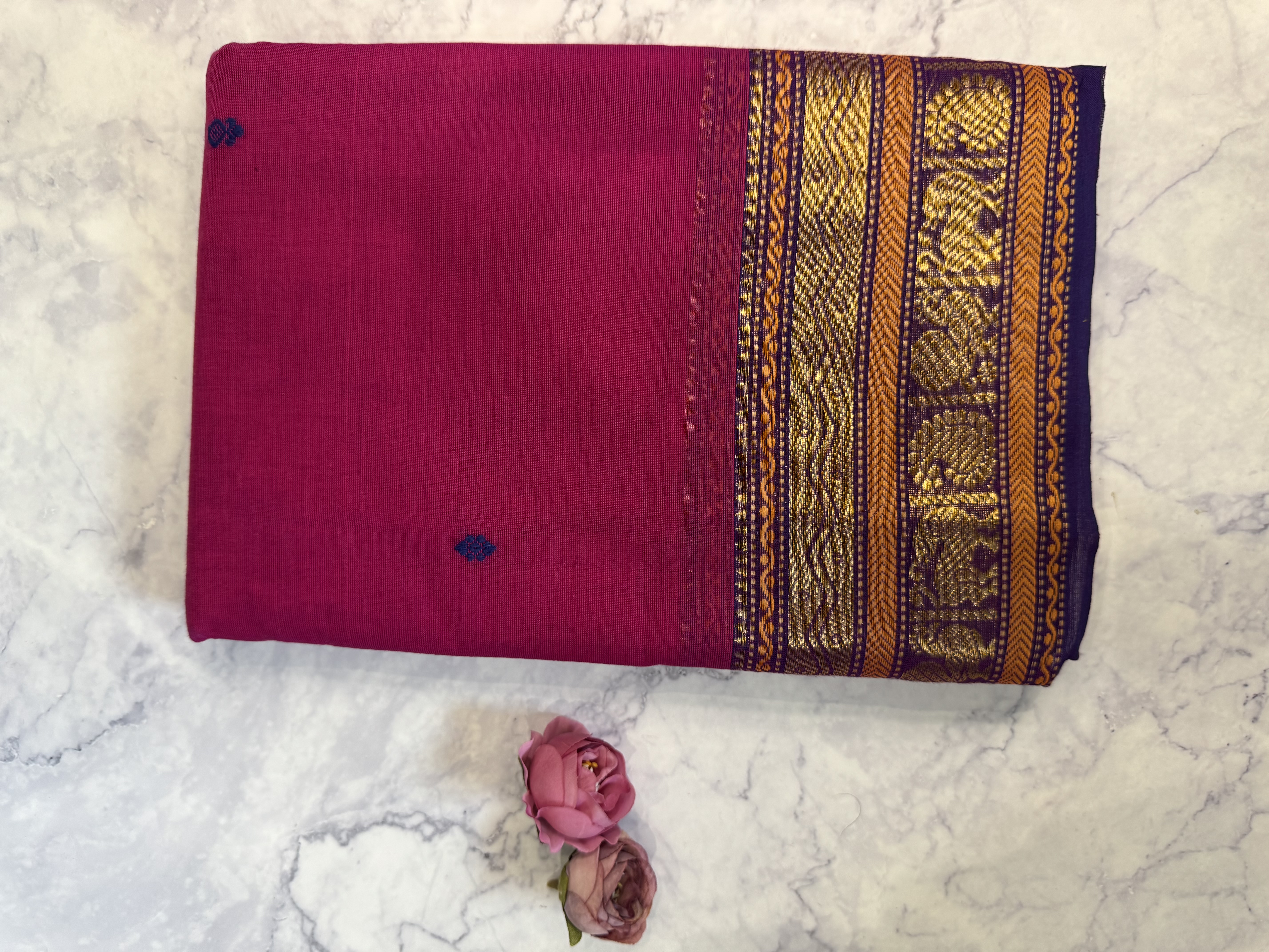 Dark pink cotton saree with running blouse