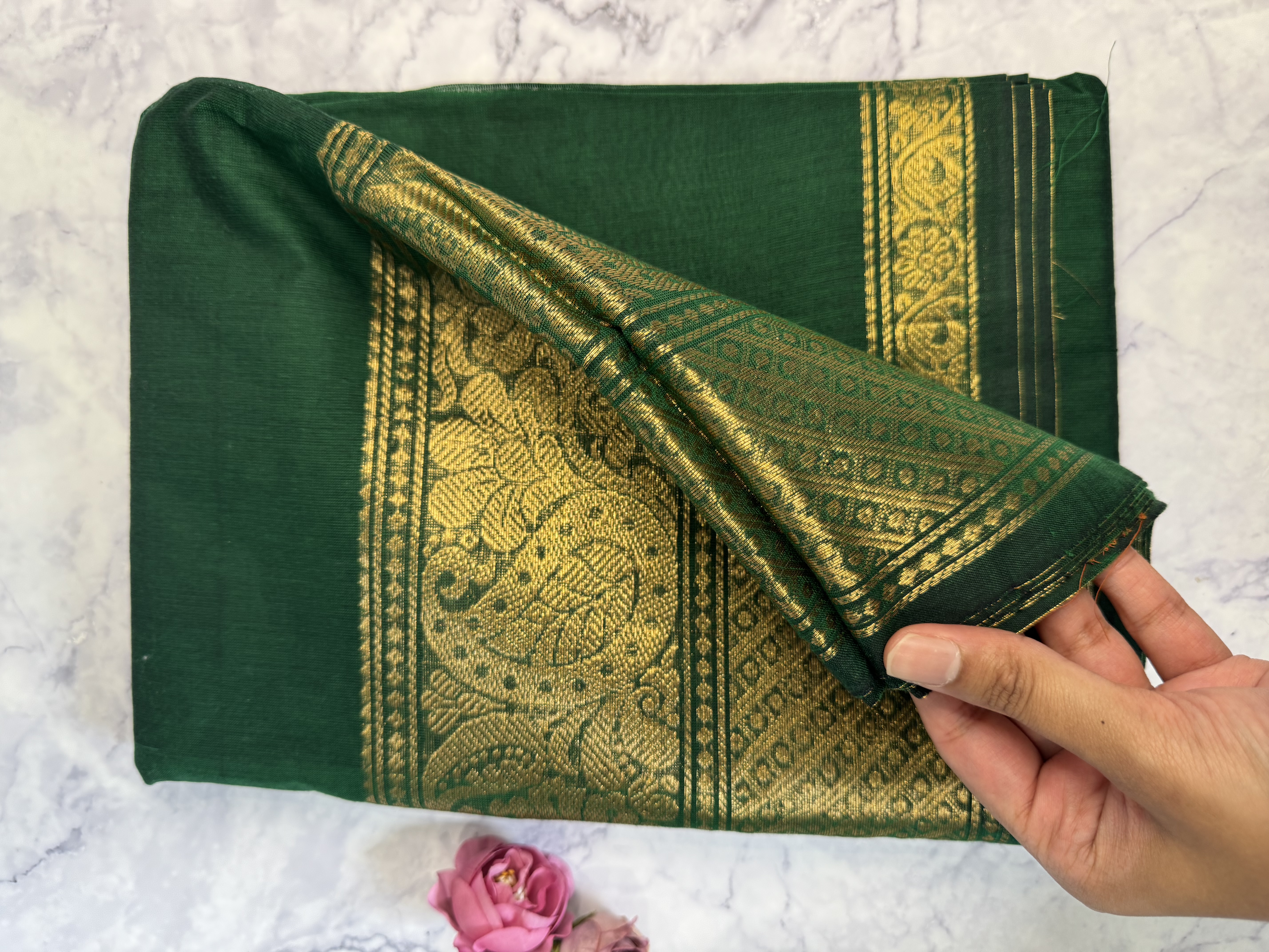 Emerald green cotton saree with running blouse