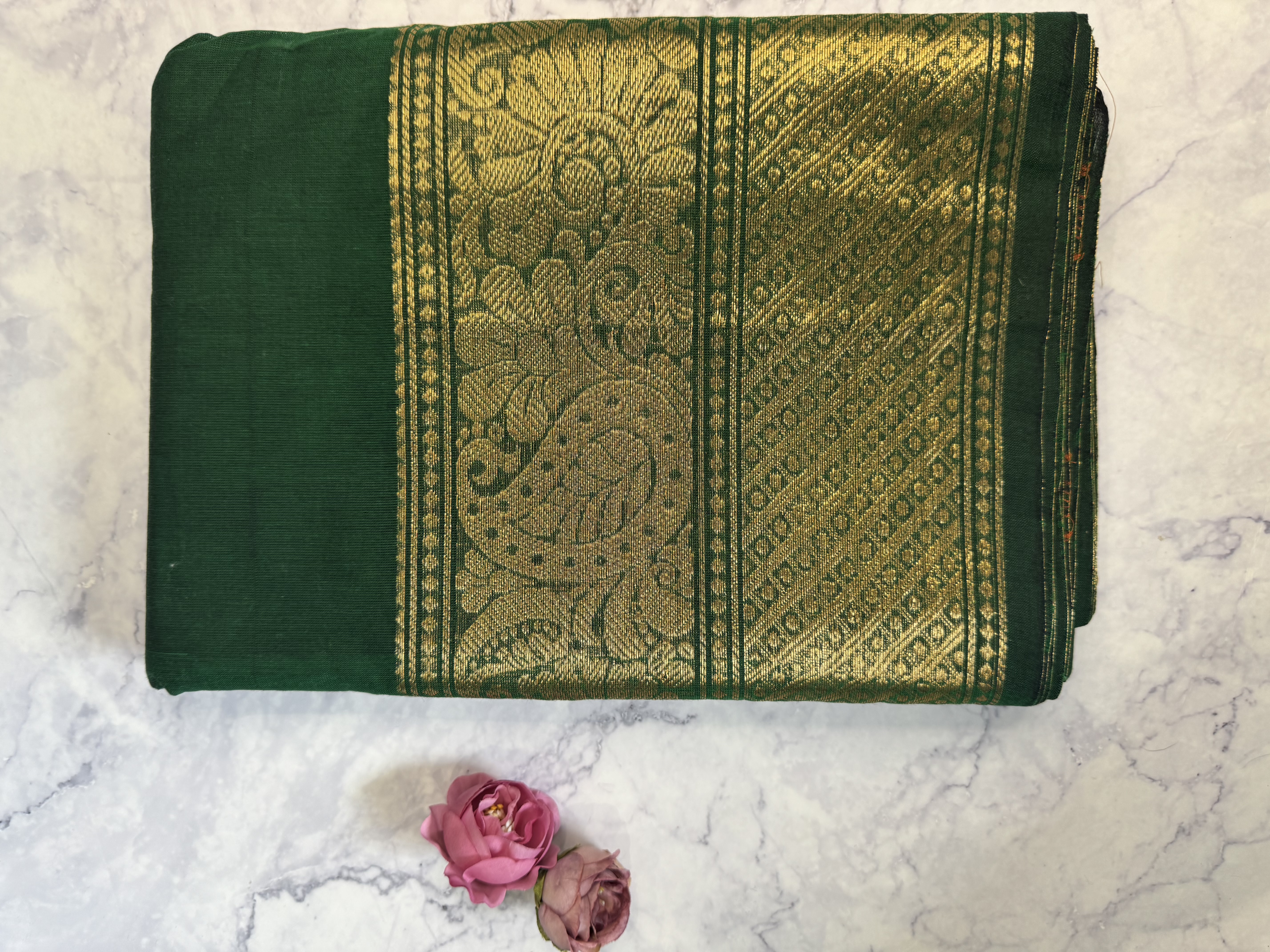 Emerald green cotton saree with running blouse