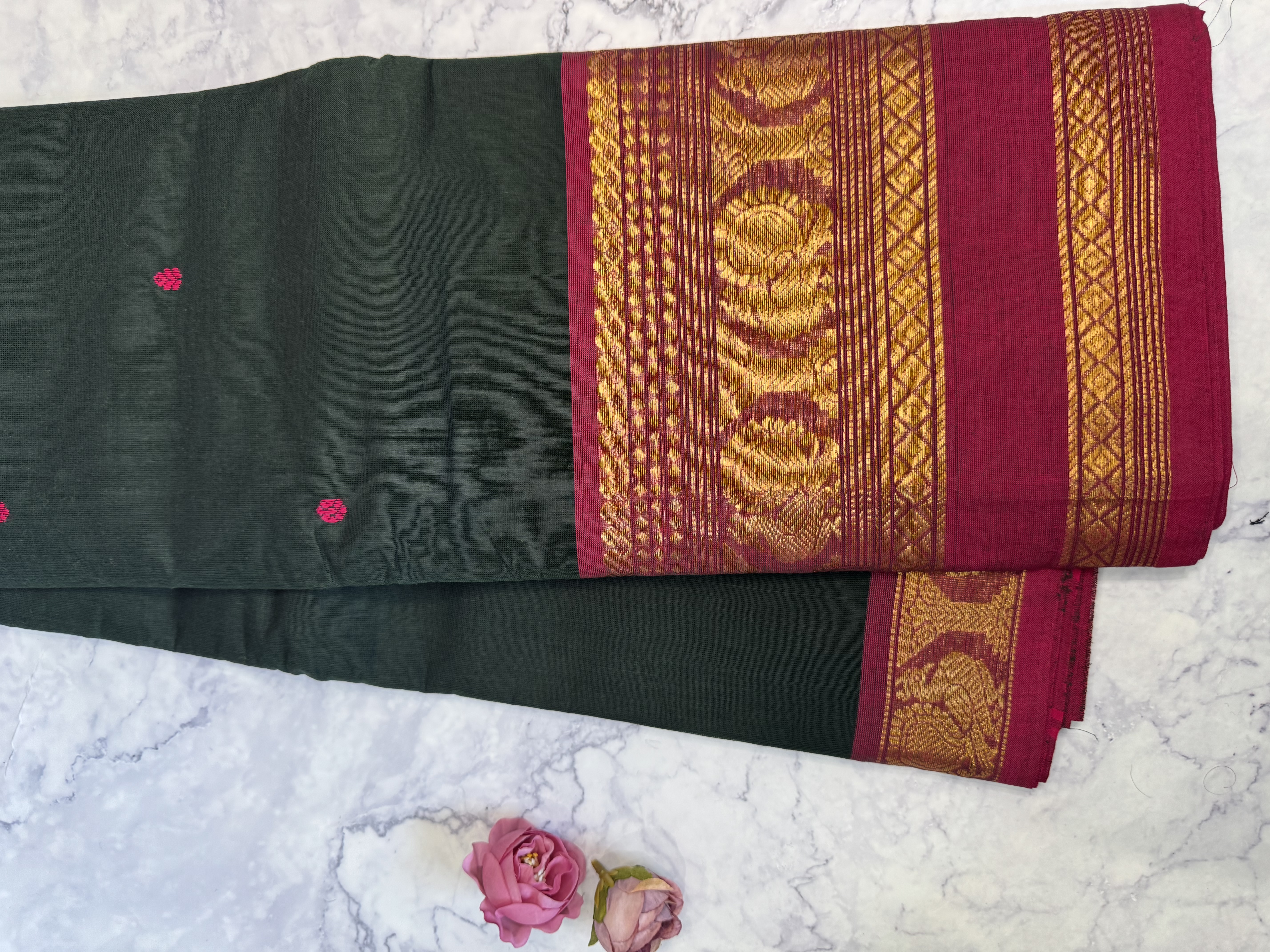 Forest green cotton saree with red border