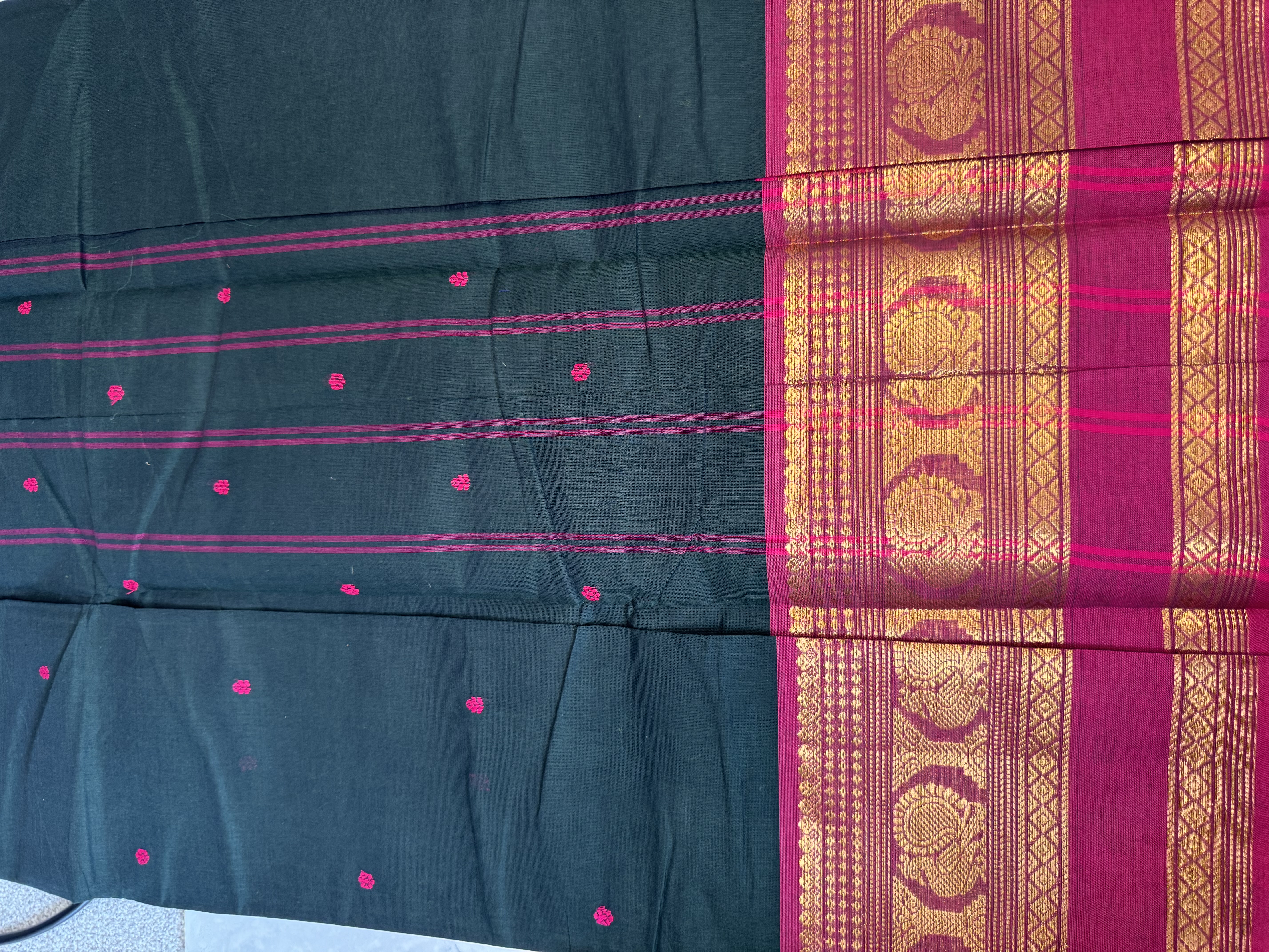 Forest green cotton saree with red border