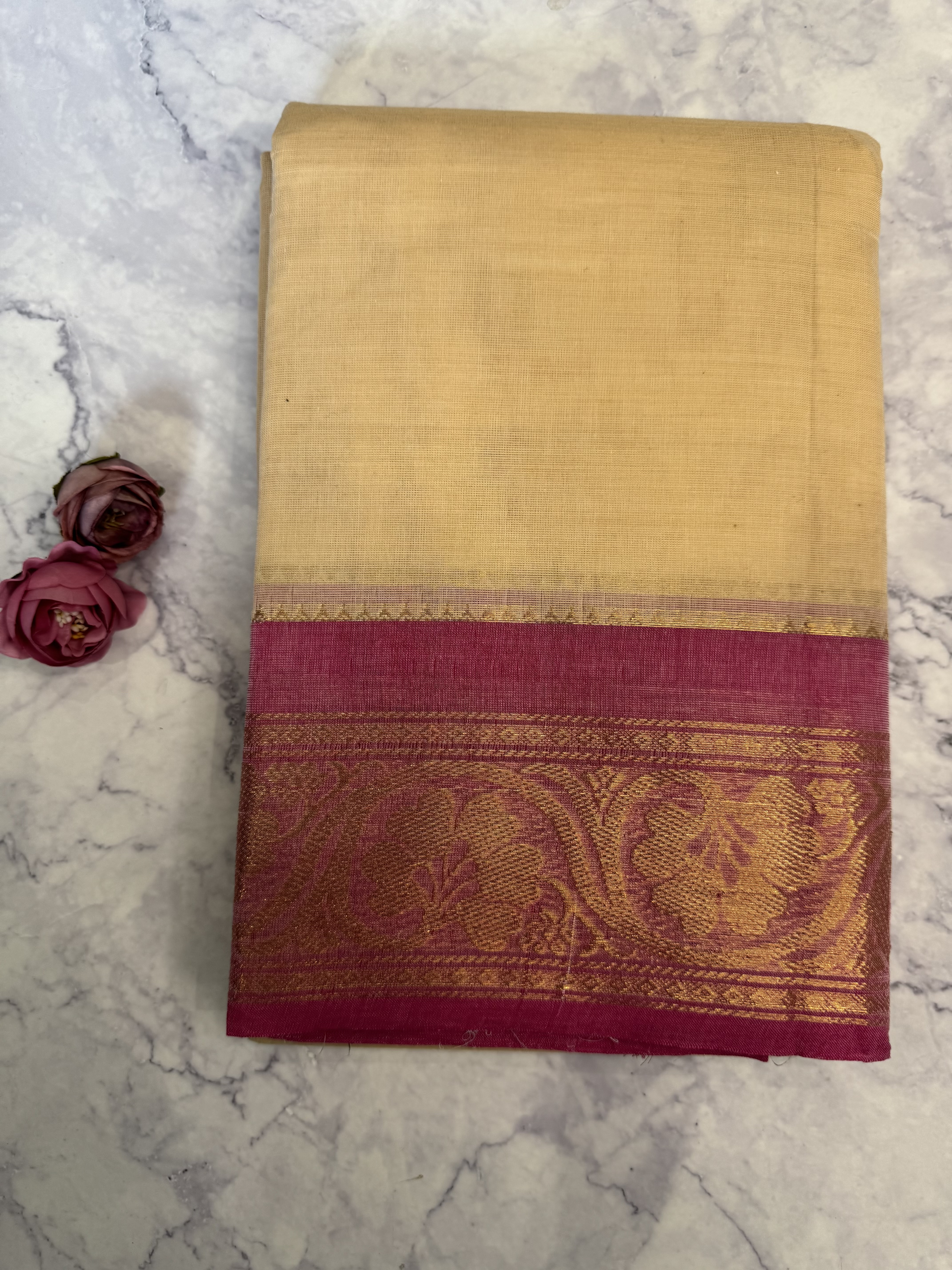 Biscuit shade cotton saree with pink border