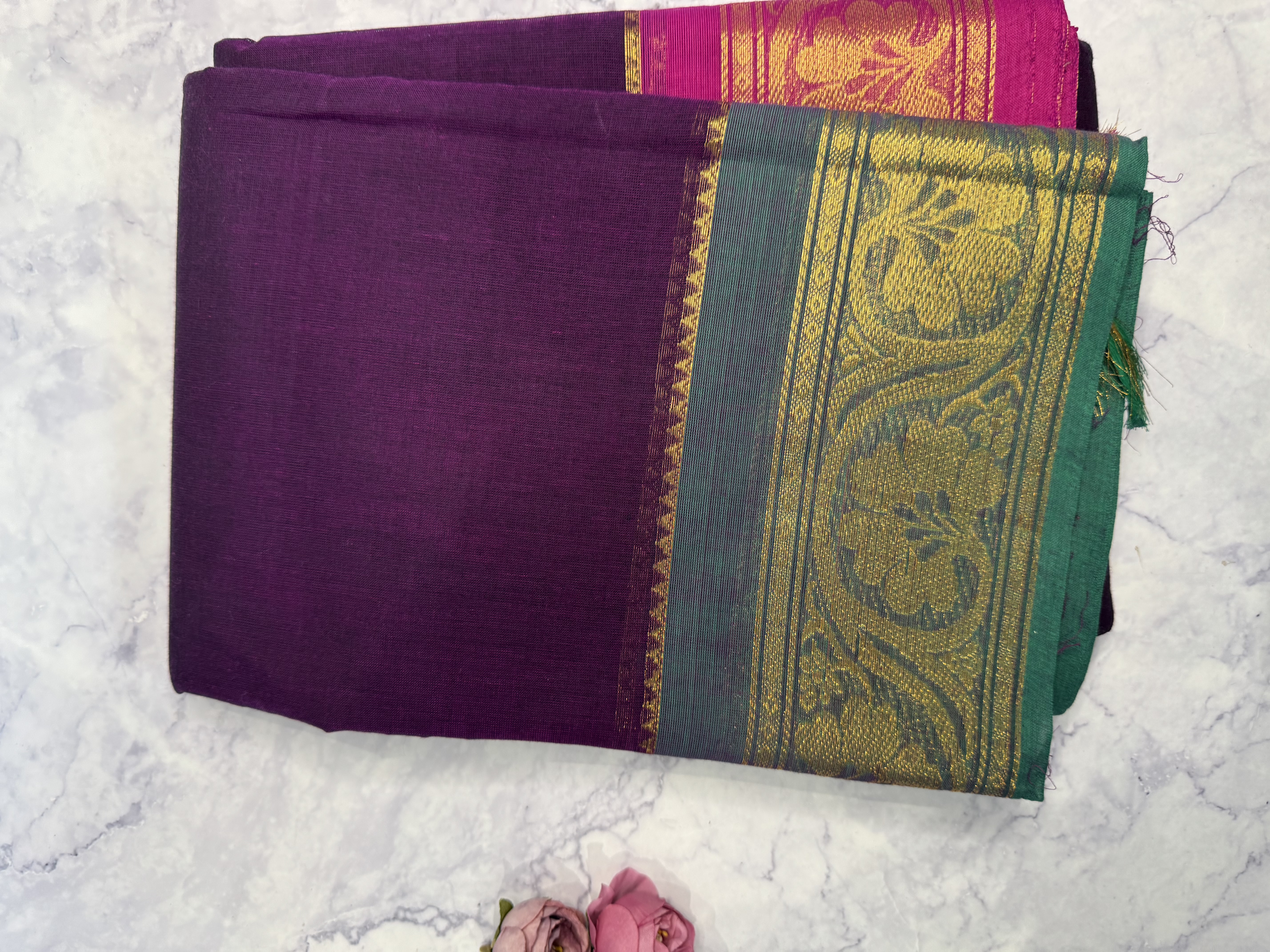 Wine cotton saree with two border colours