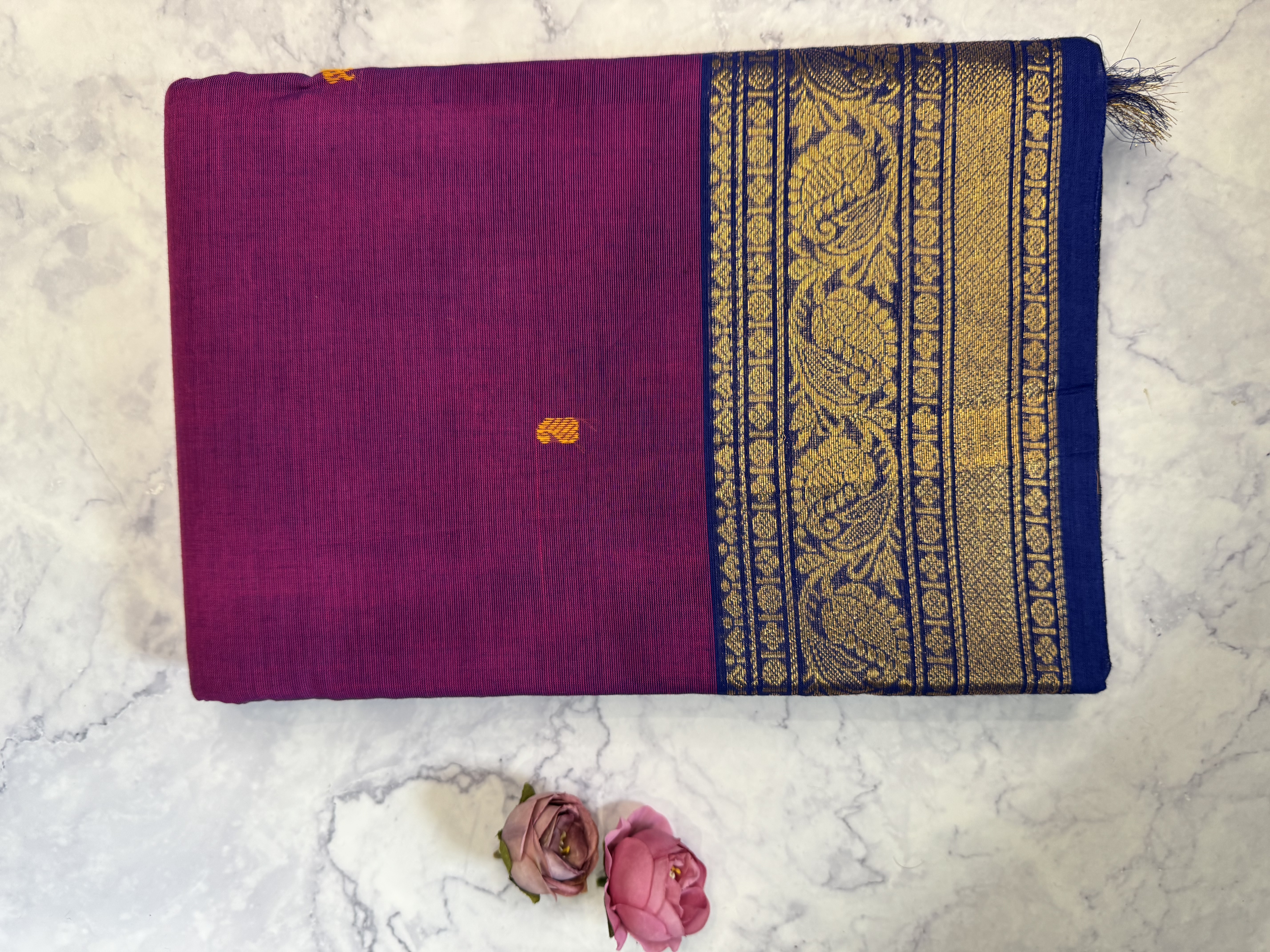 Purple cotton saree with blue border