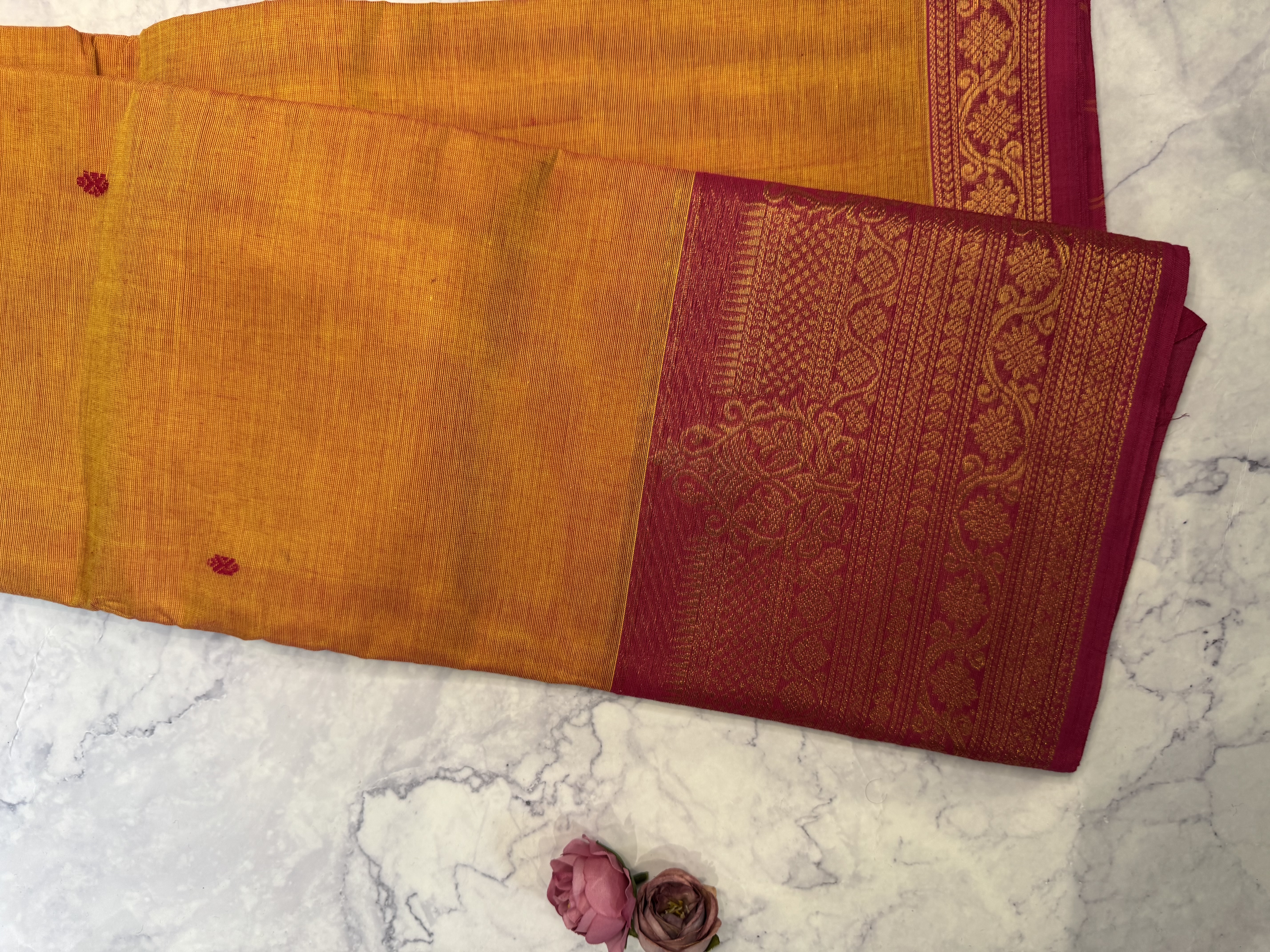 Dual tone yellow orange cotton saree