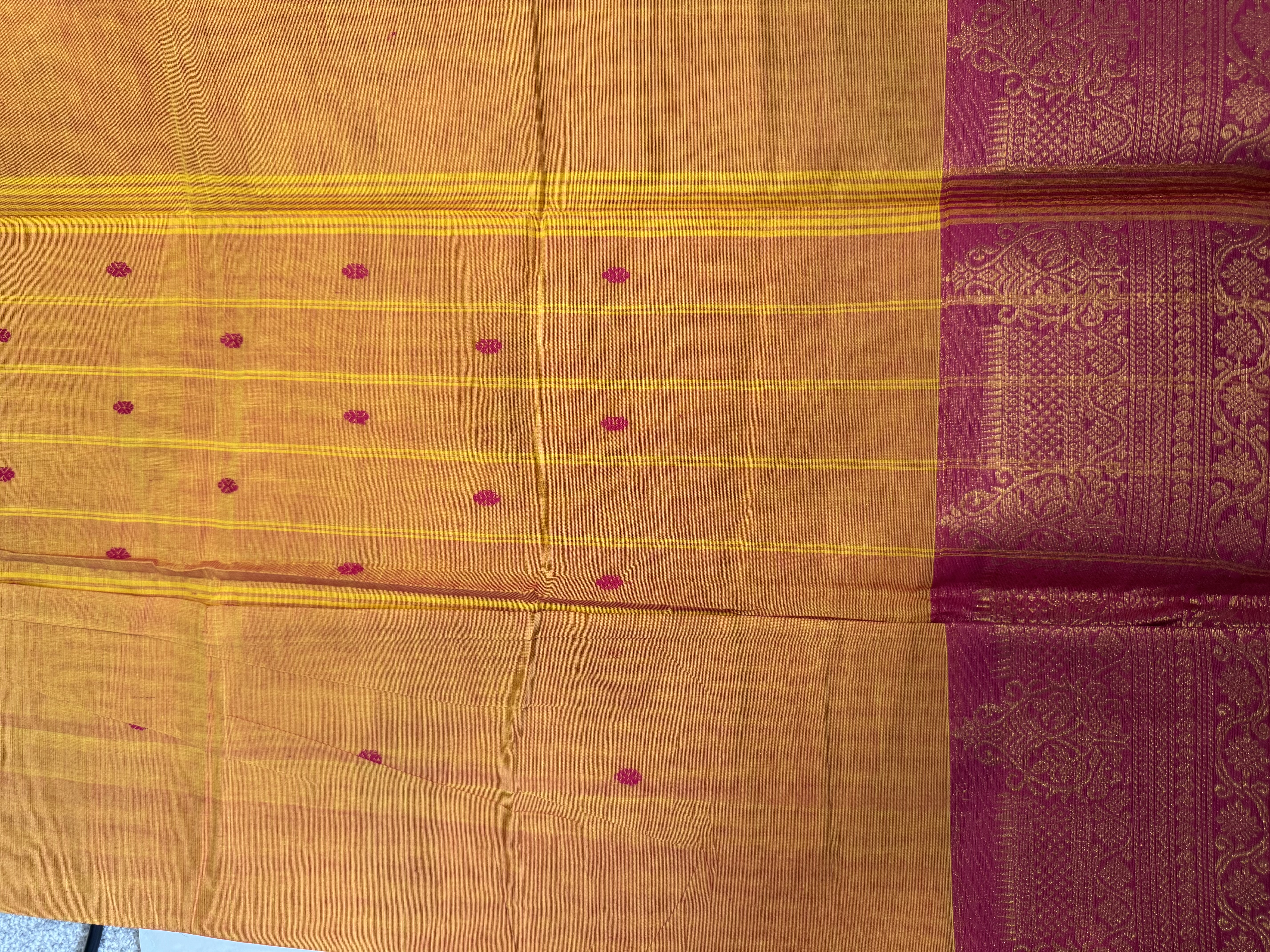 Dual tone yellow orange cotton saree