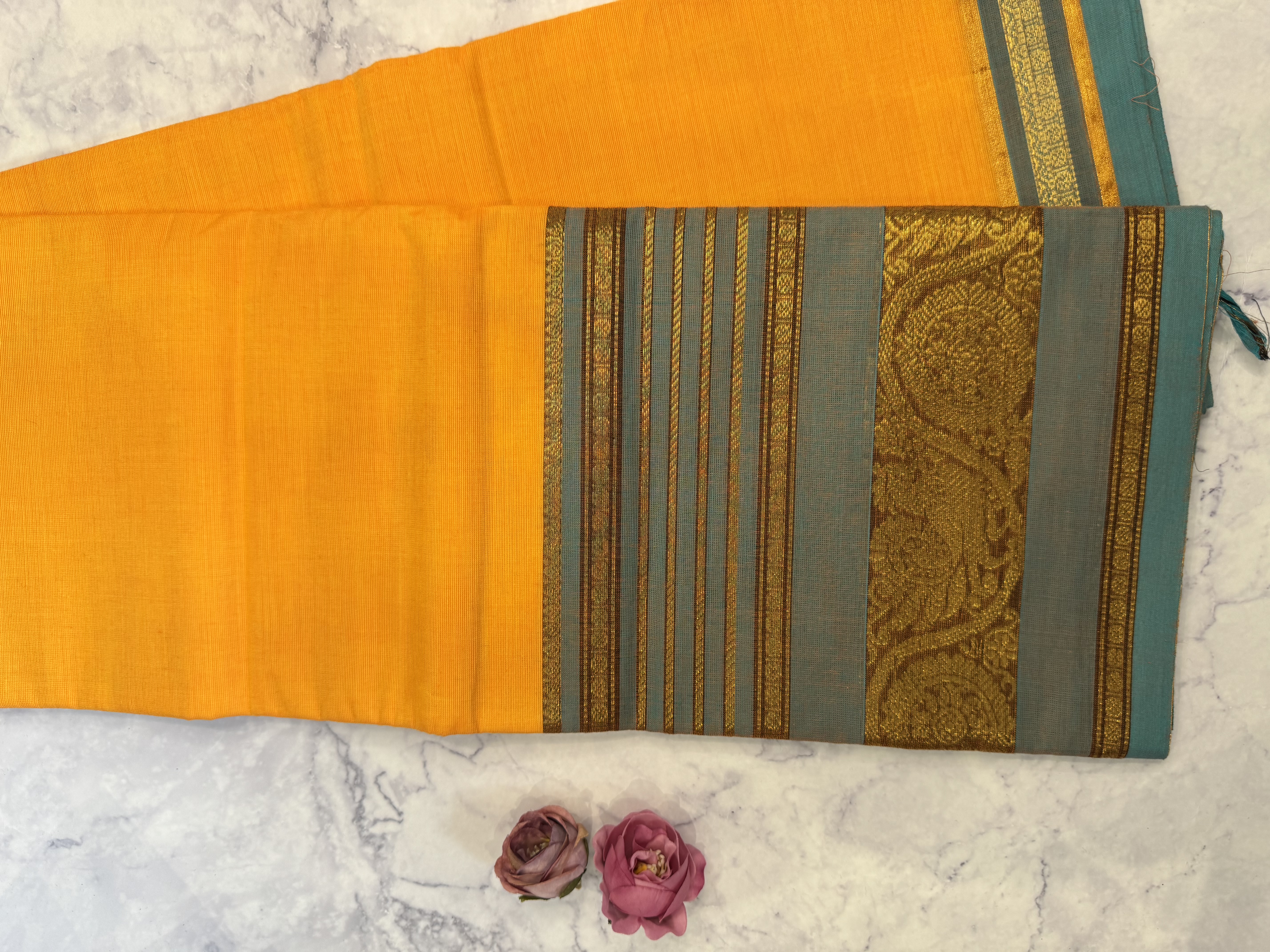 Yellow cotton saree with blue blouse