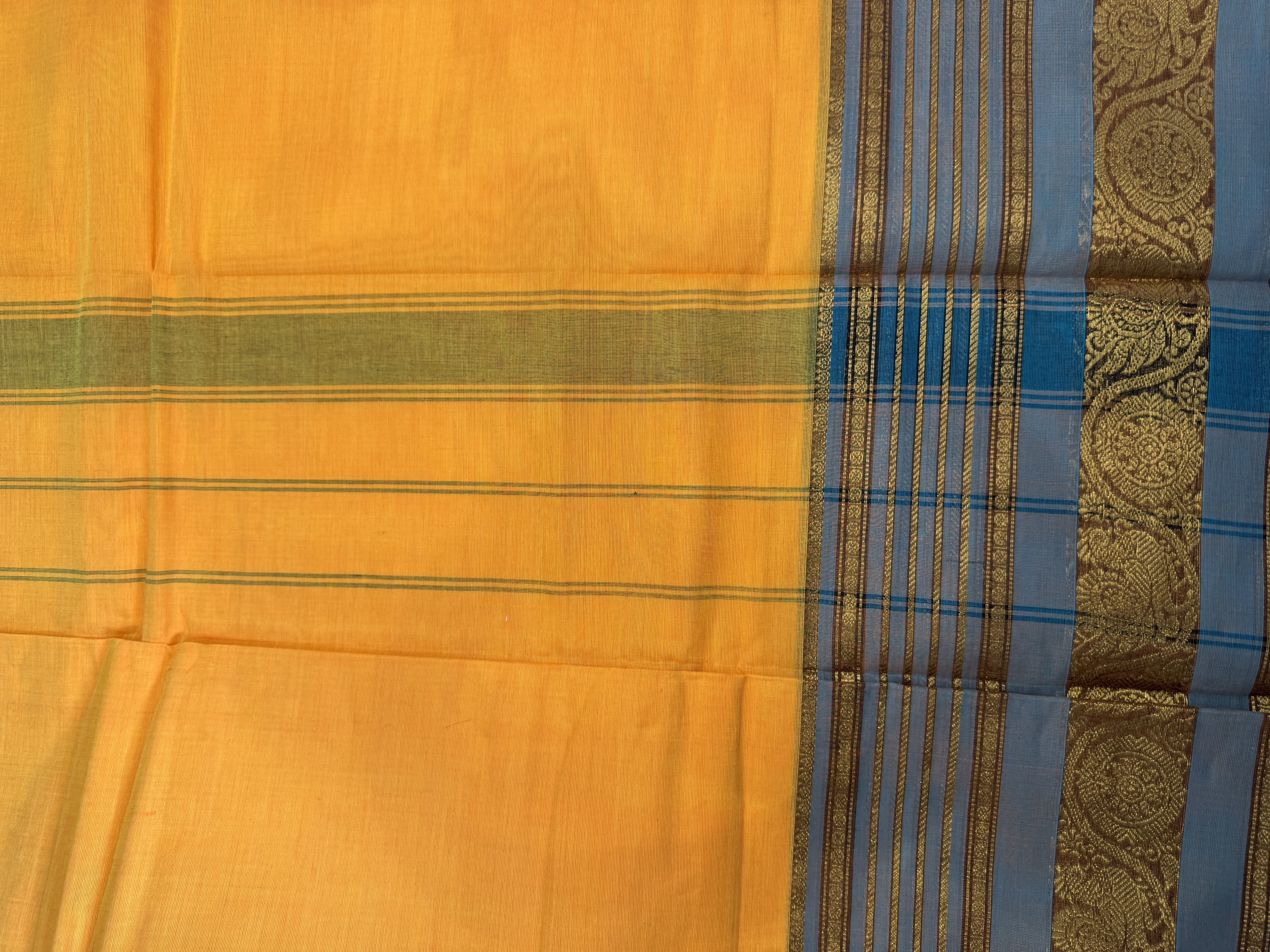 Yellow cotton saree with blue blouse