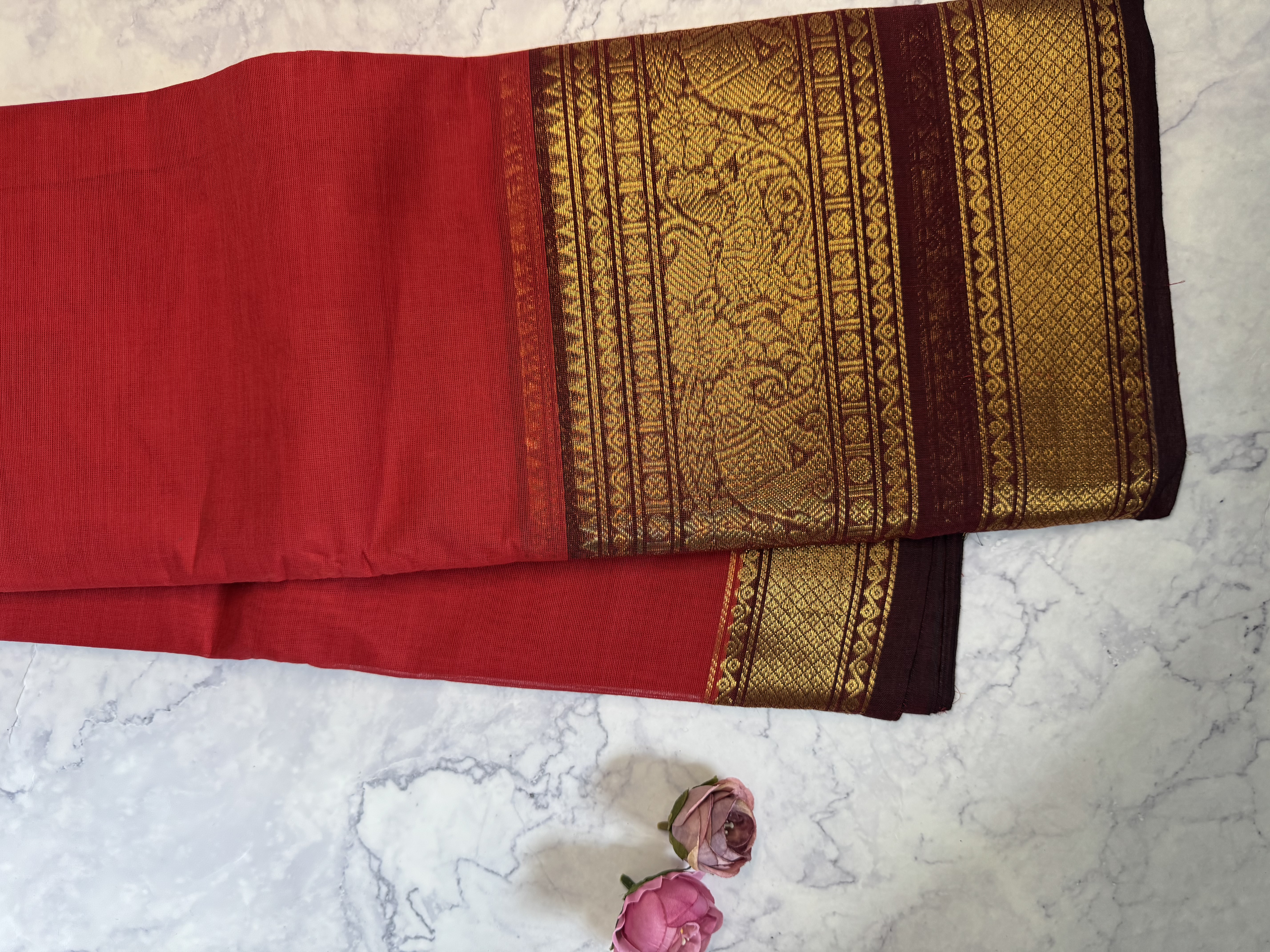 Strawberry red cotton saree with brown border