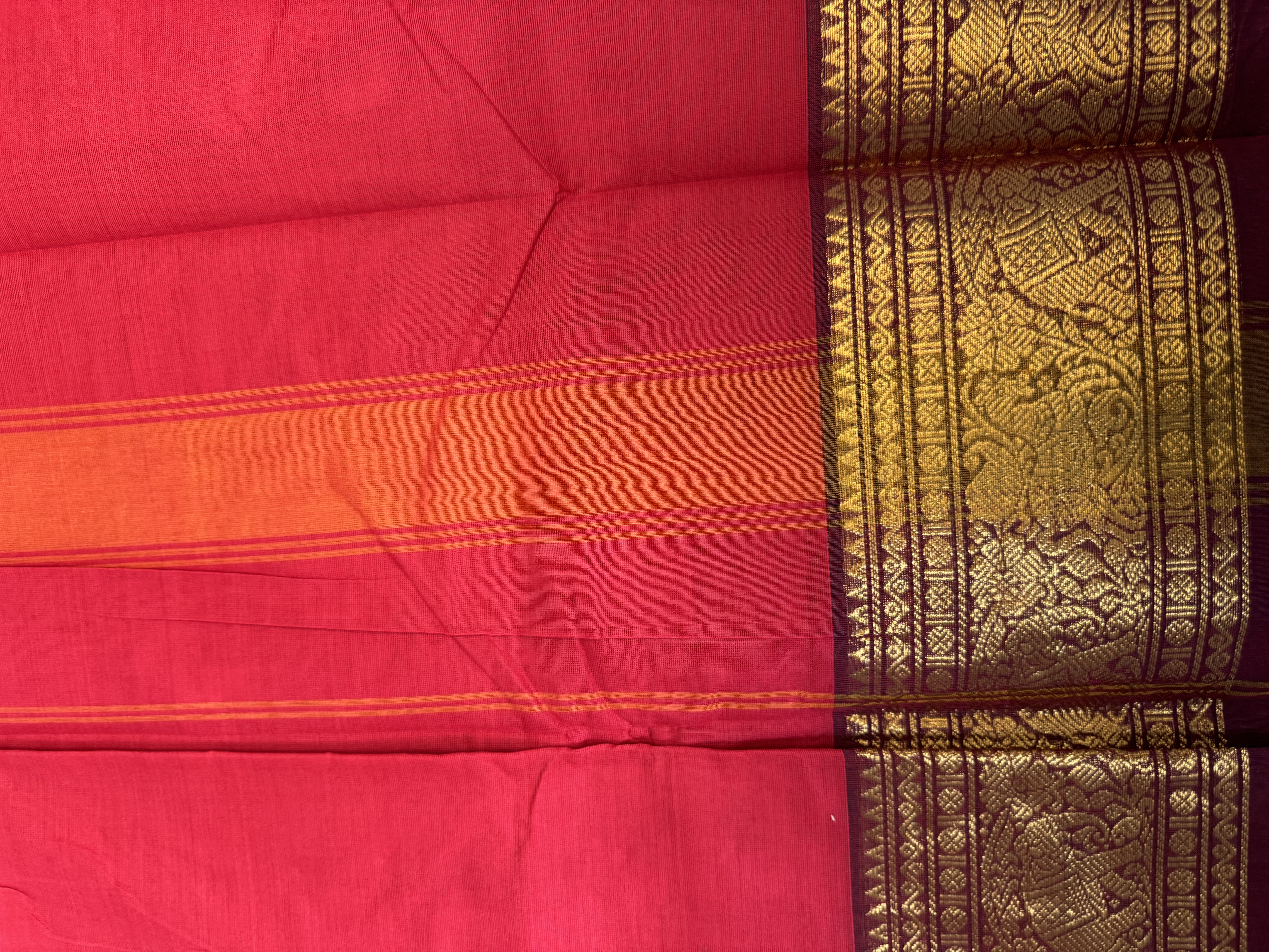 Strawberry red cotton saree with brown border
