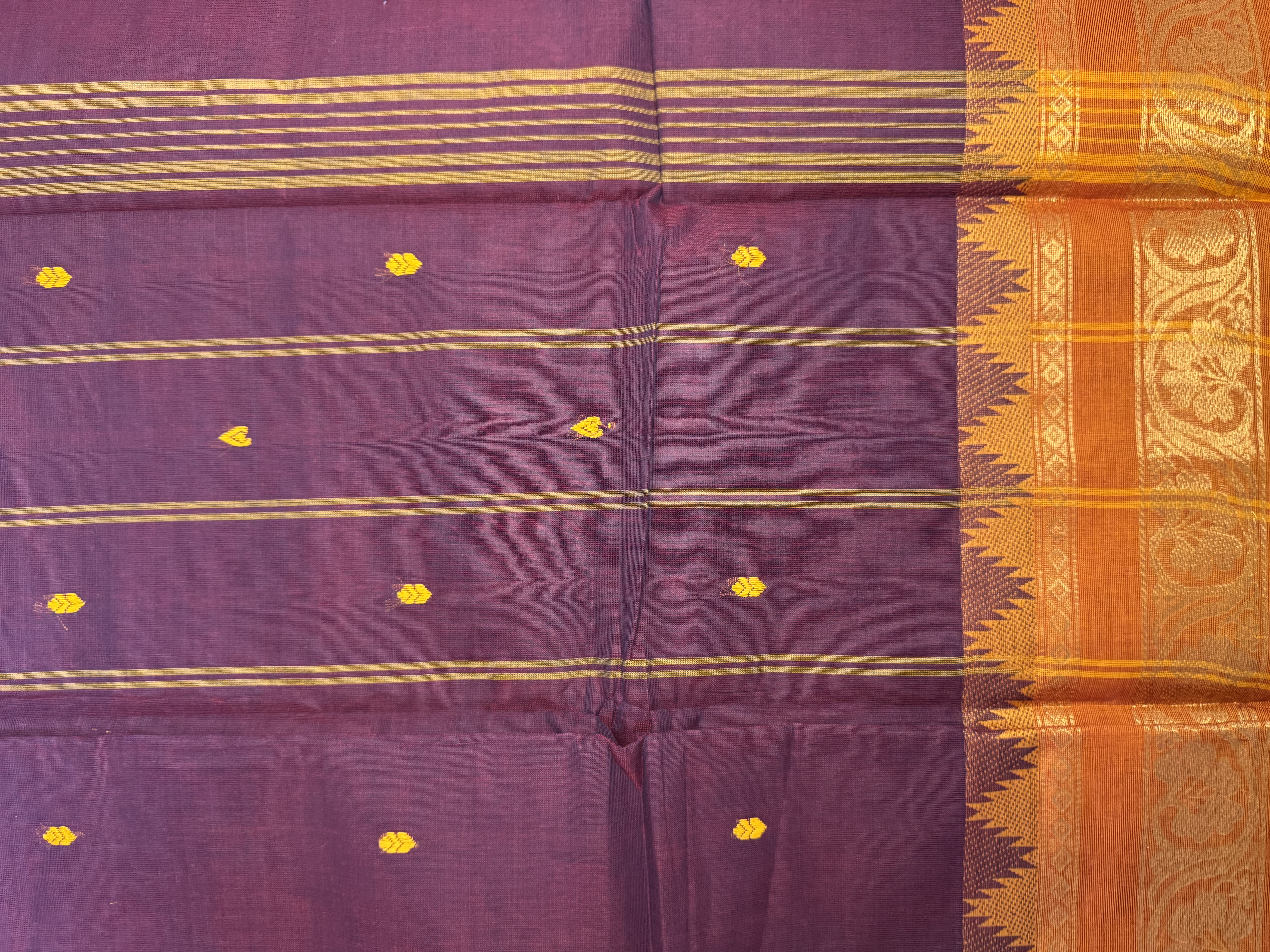 Purple cotton saree with orange border