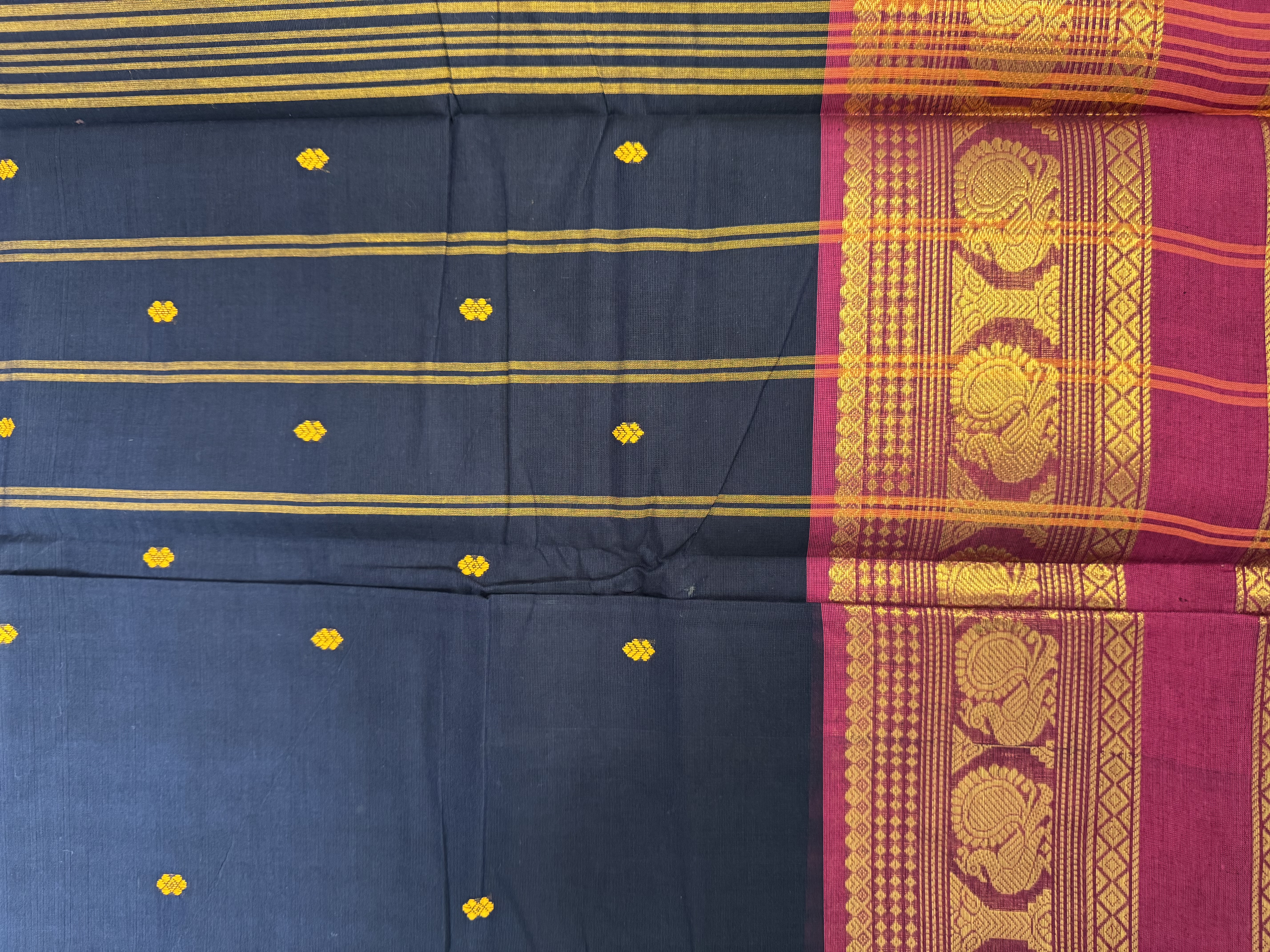 Navy blue cotton saree with pink border