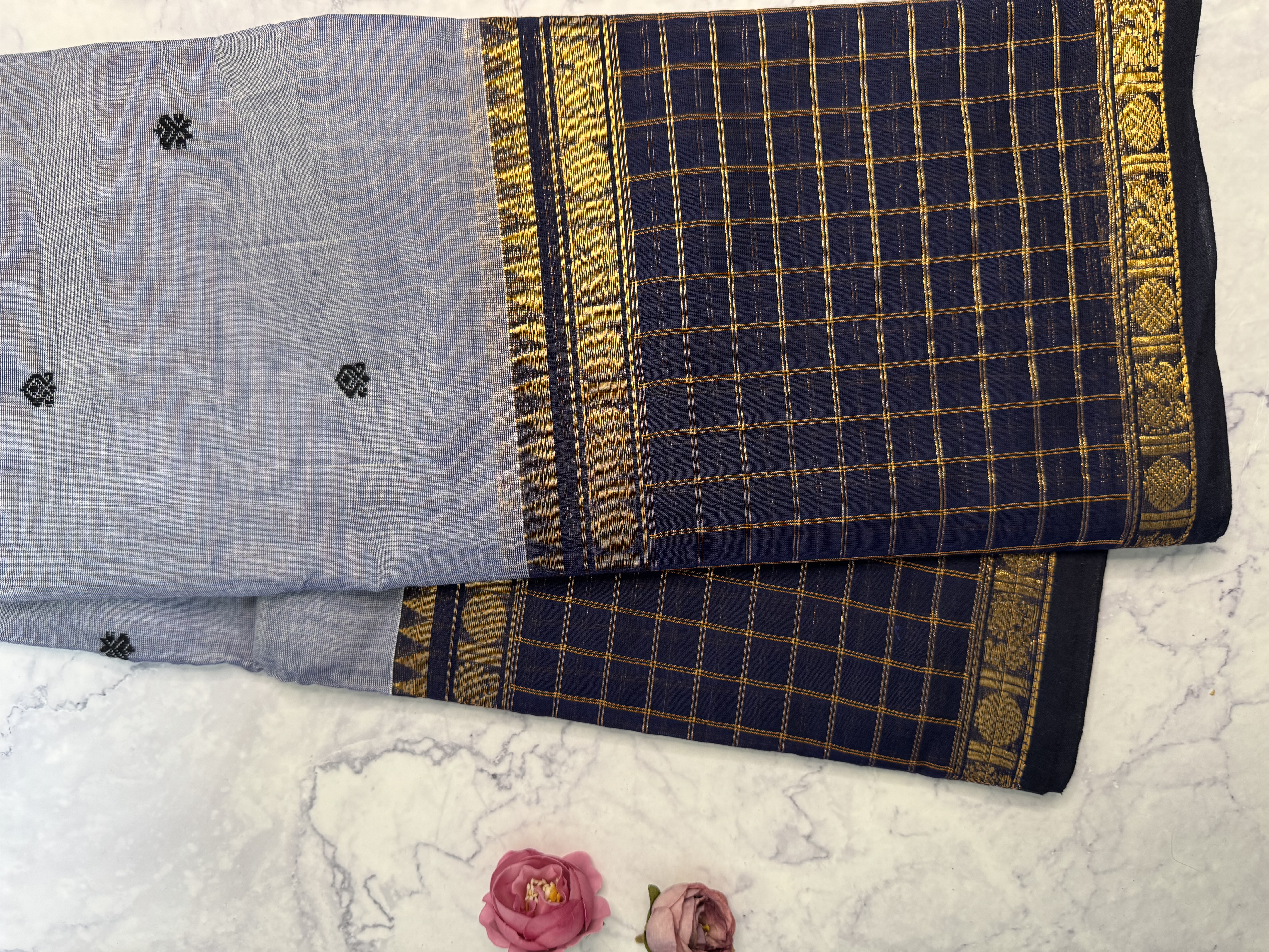 Ice blue cotton saree with checked border