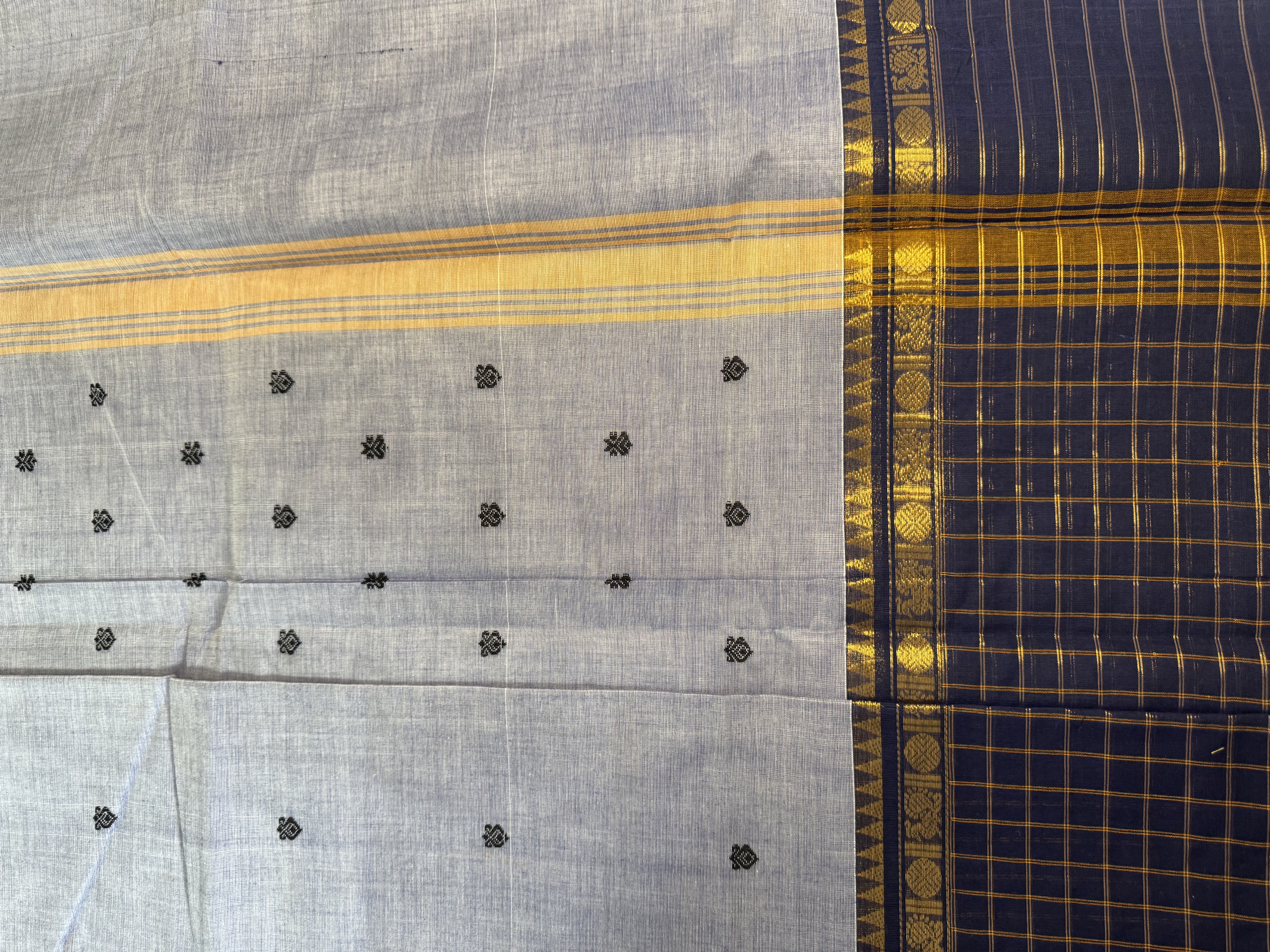 Ice blue cotton saree with checked border