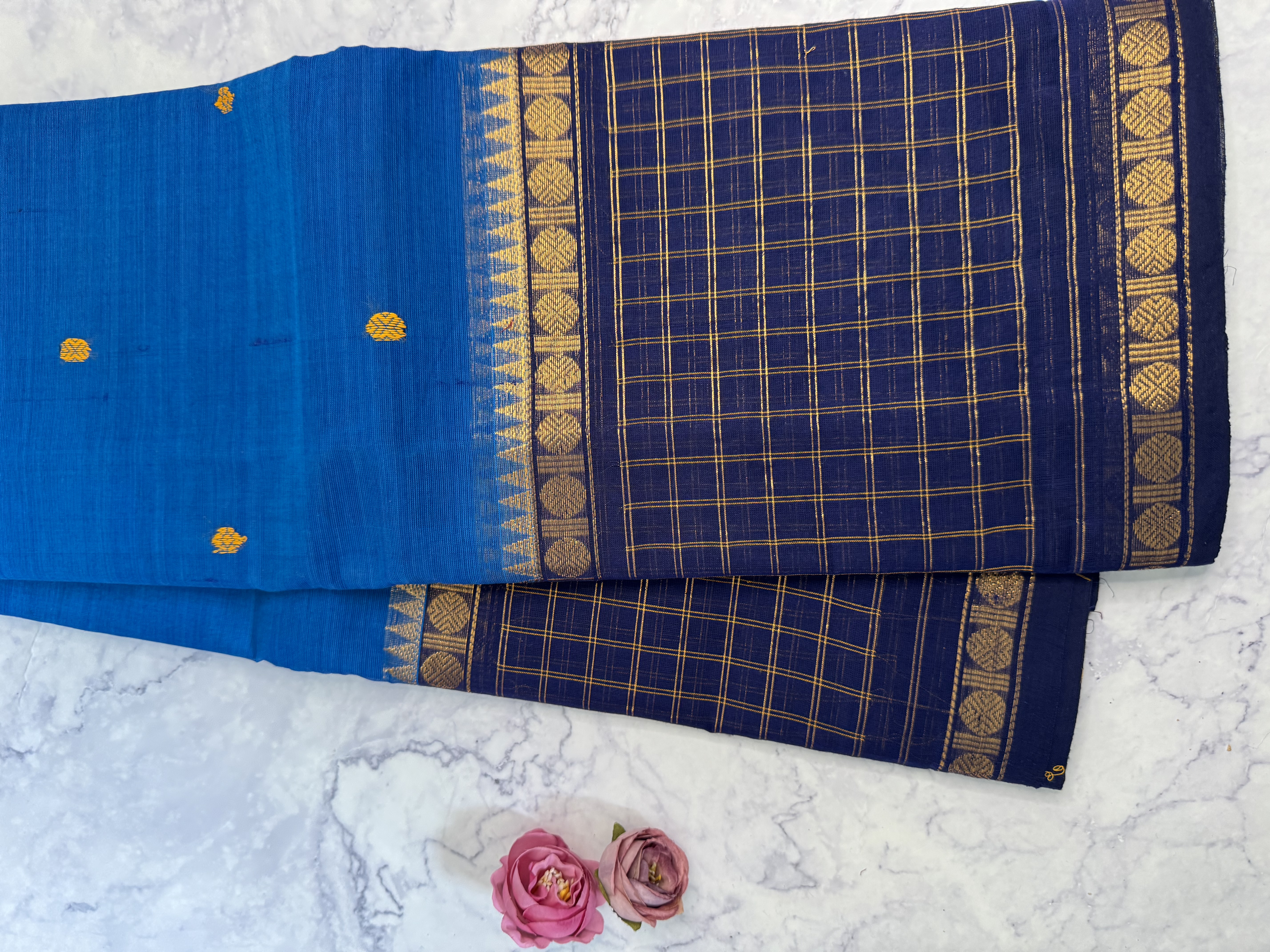 Blue cotton saree with checked border