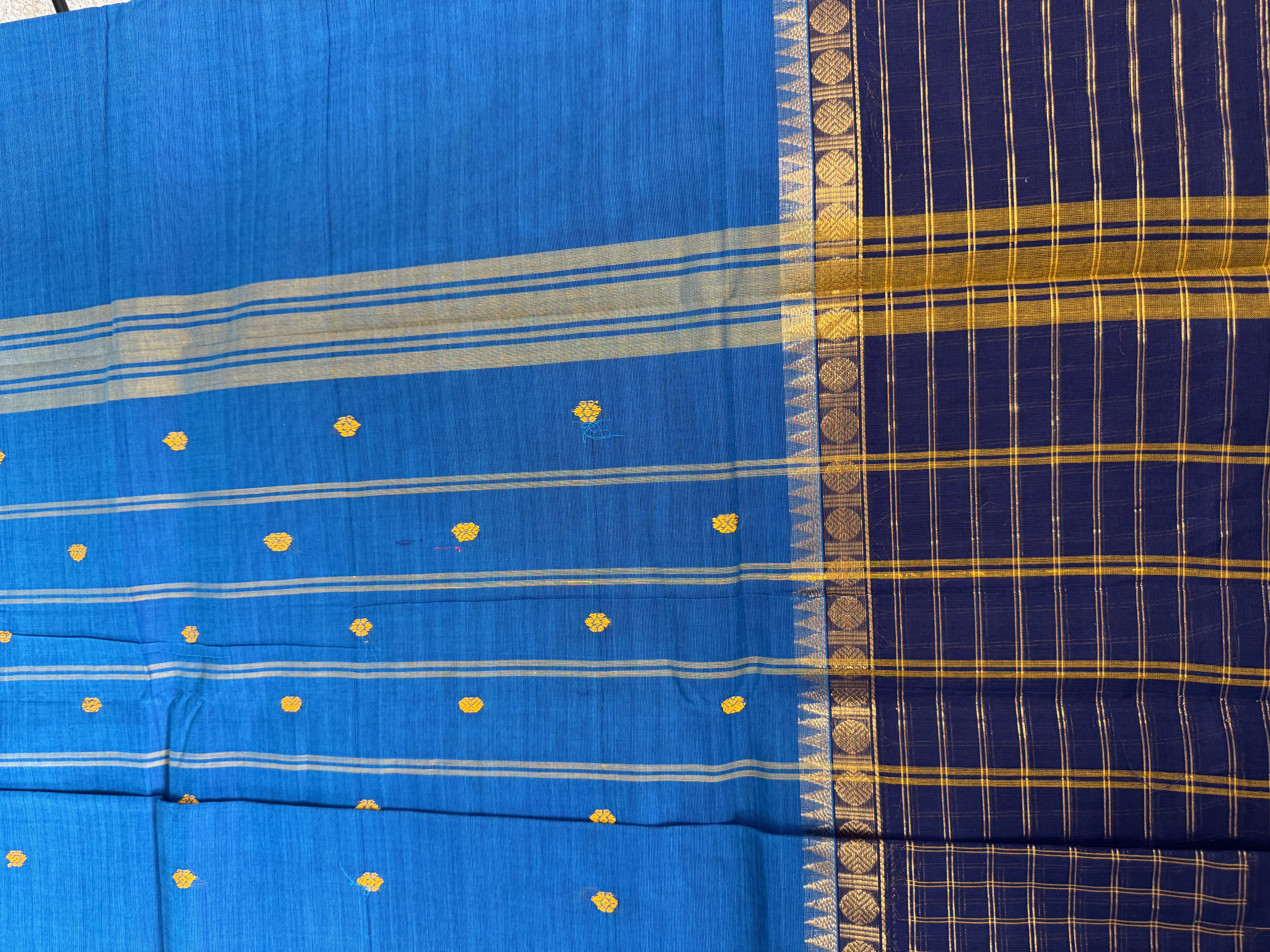 Blue cotton saree with checked border