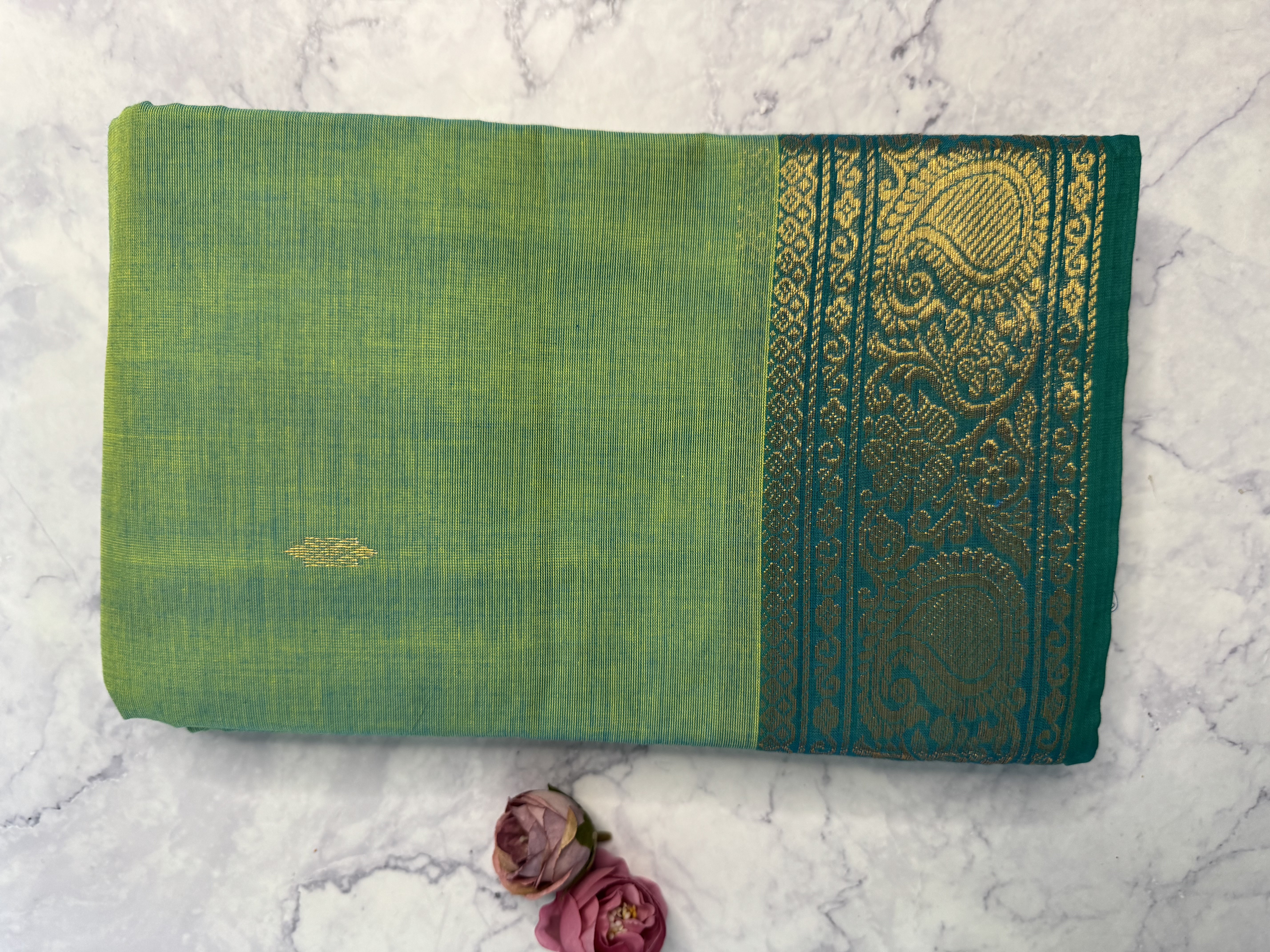 Mint green cotton saree with turquoise border