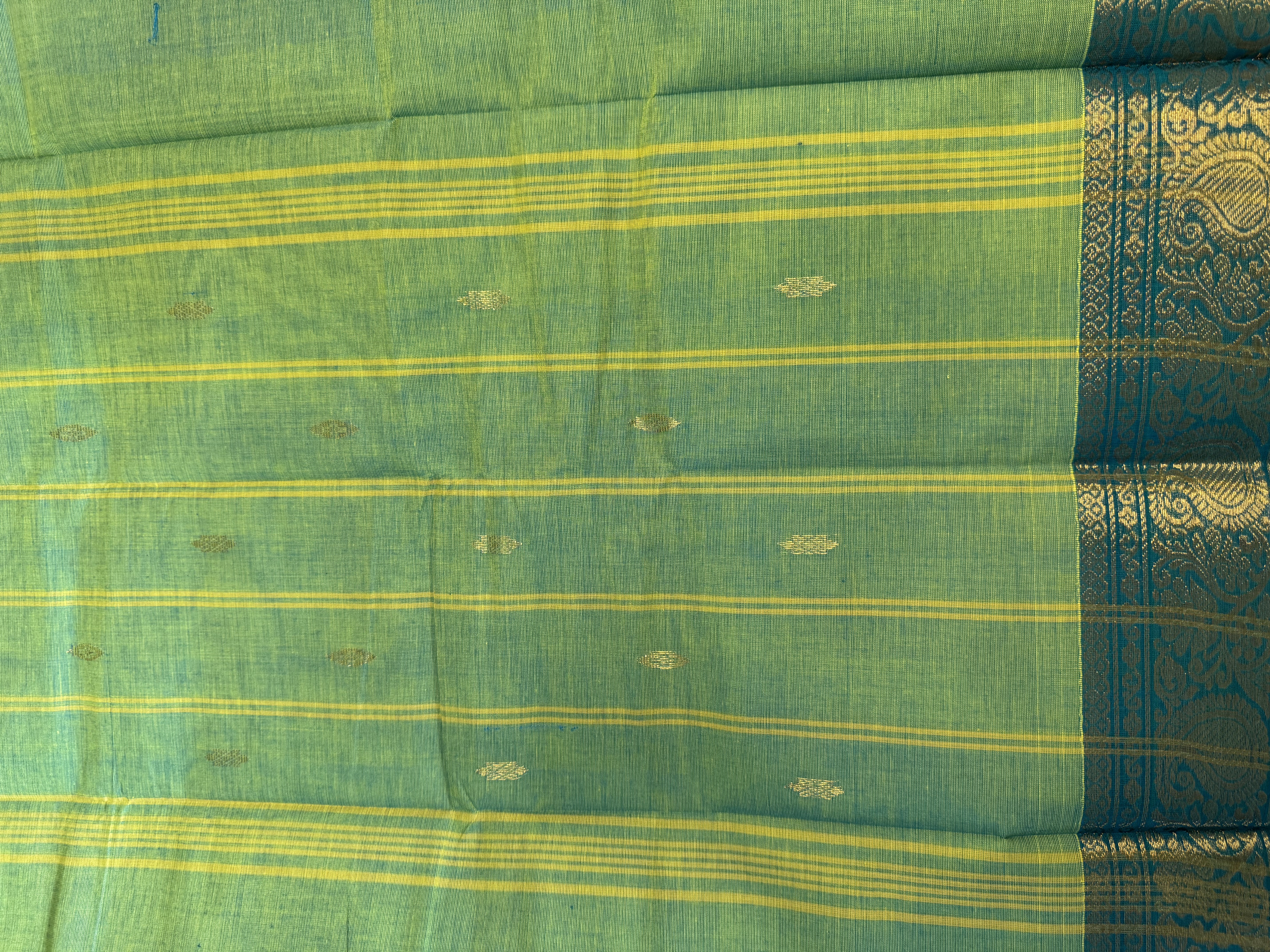 Mint green cotton saree with turquoise border