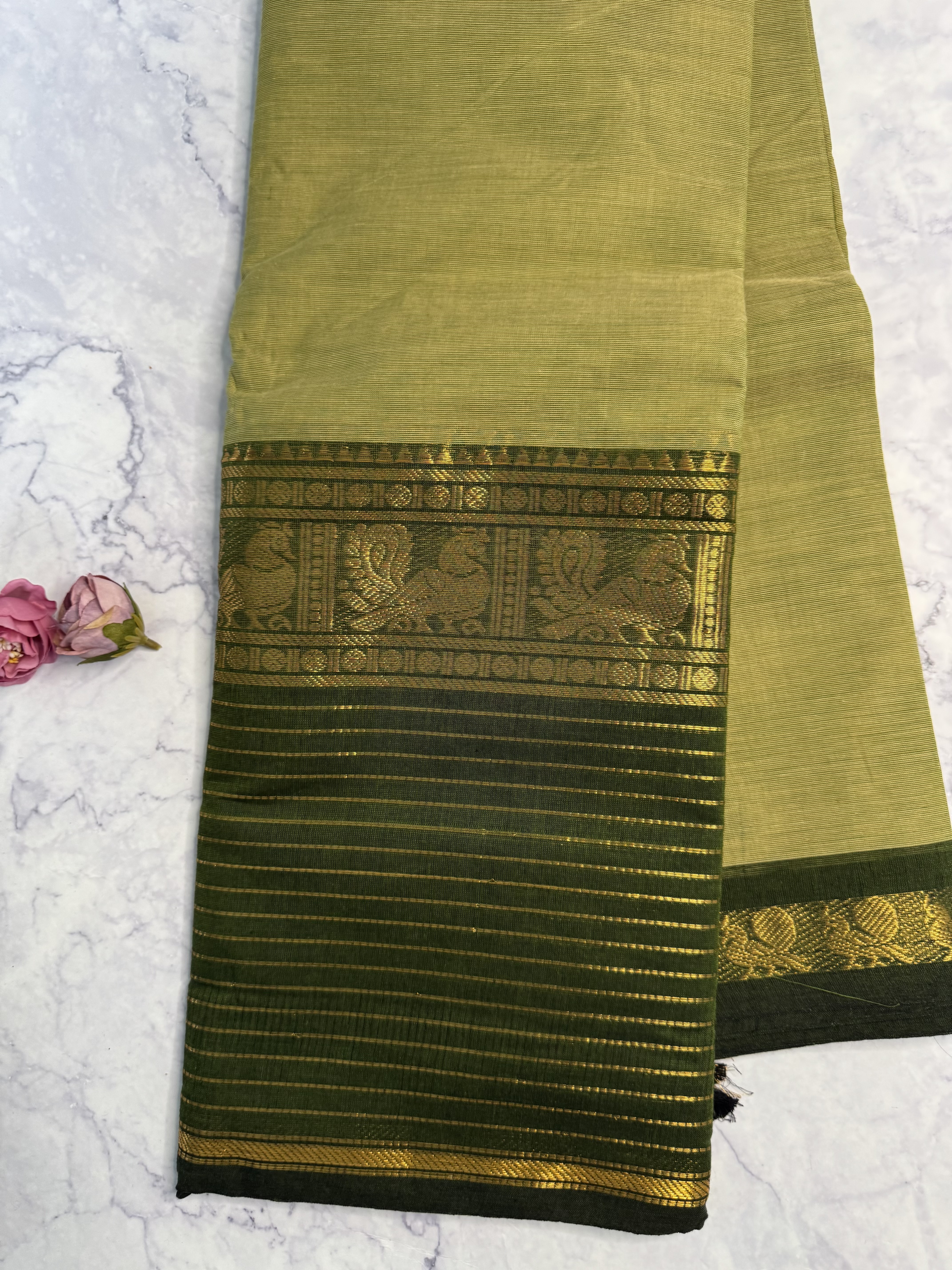 Sage green cotton saree with dark green border