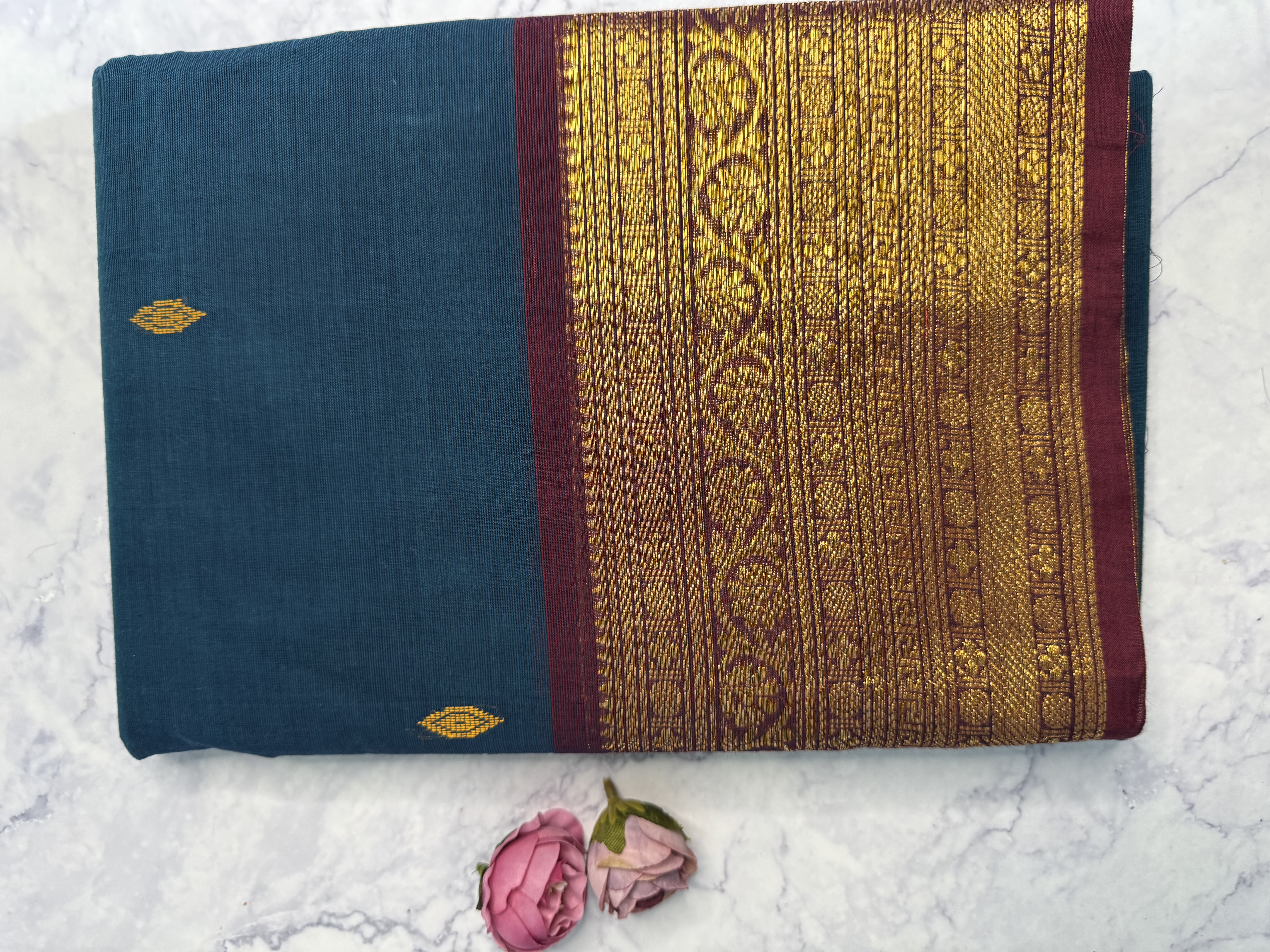 Teal cotton saree with red border