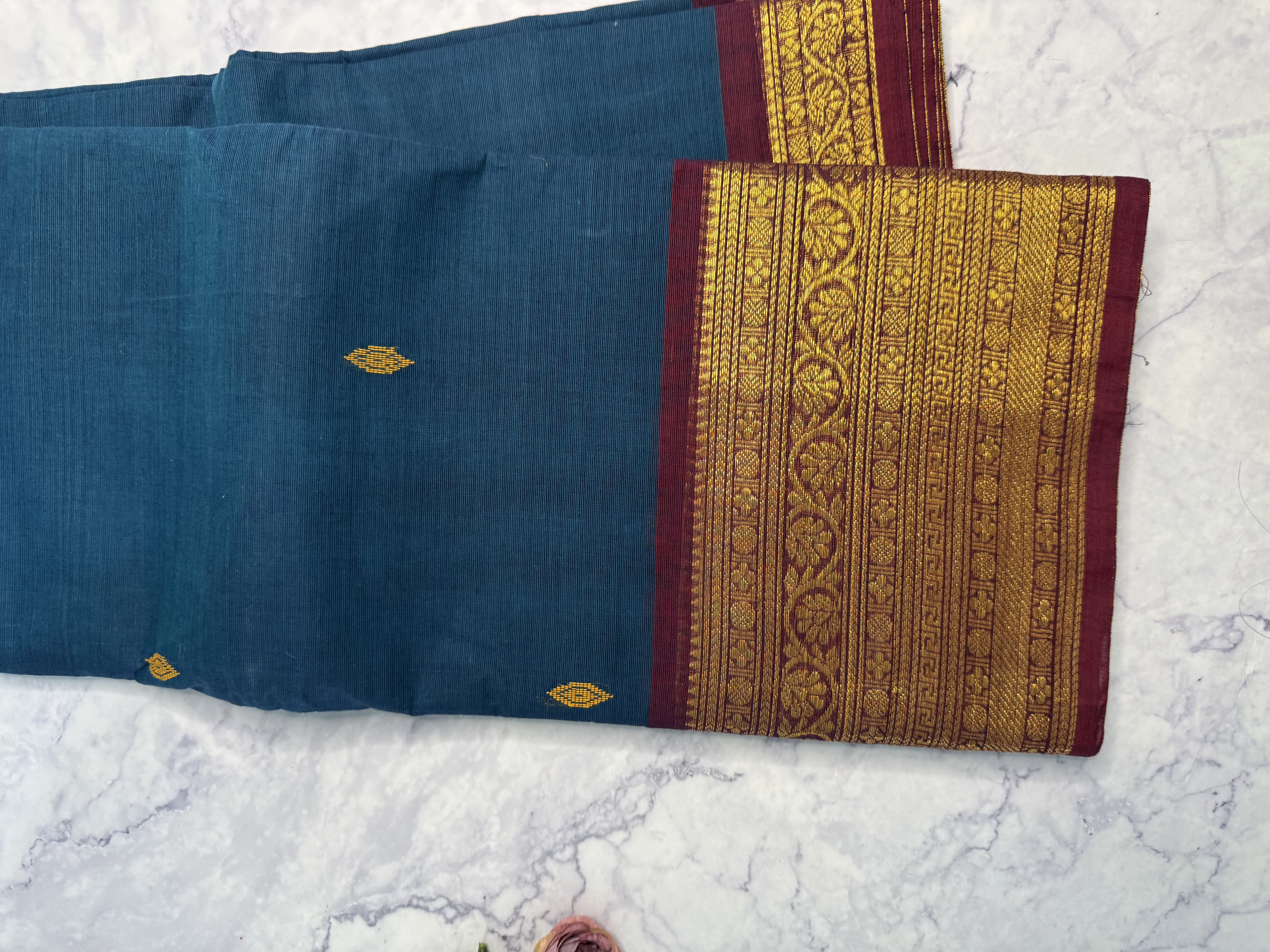Teal cotton saree with red border