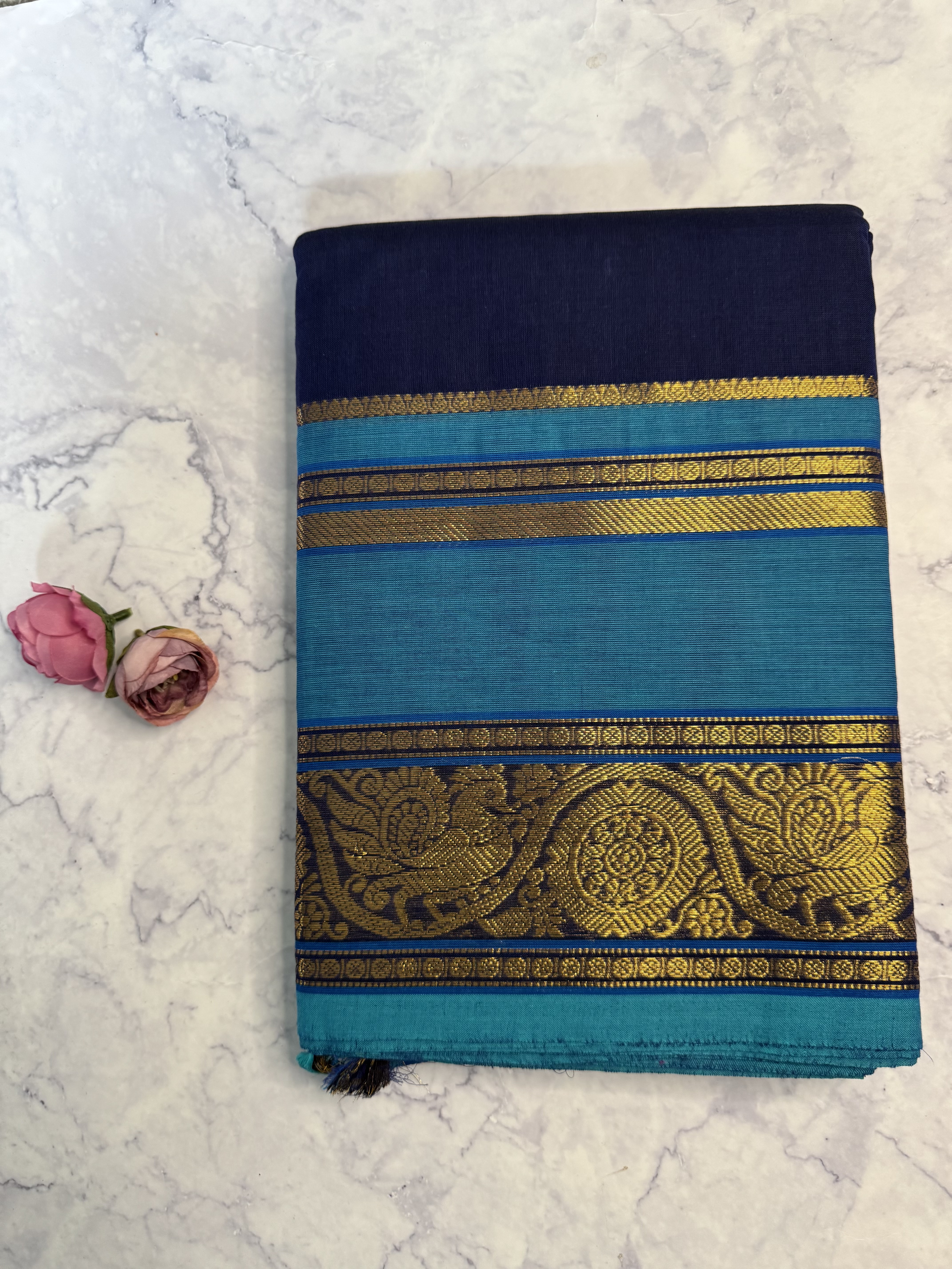 Navy blue cotton saree with light blue border