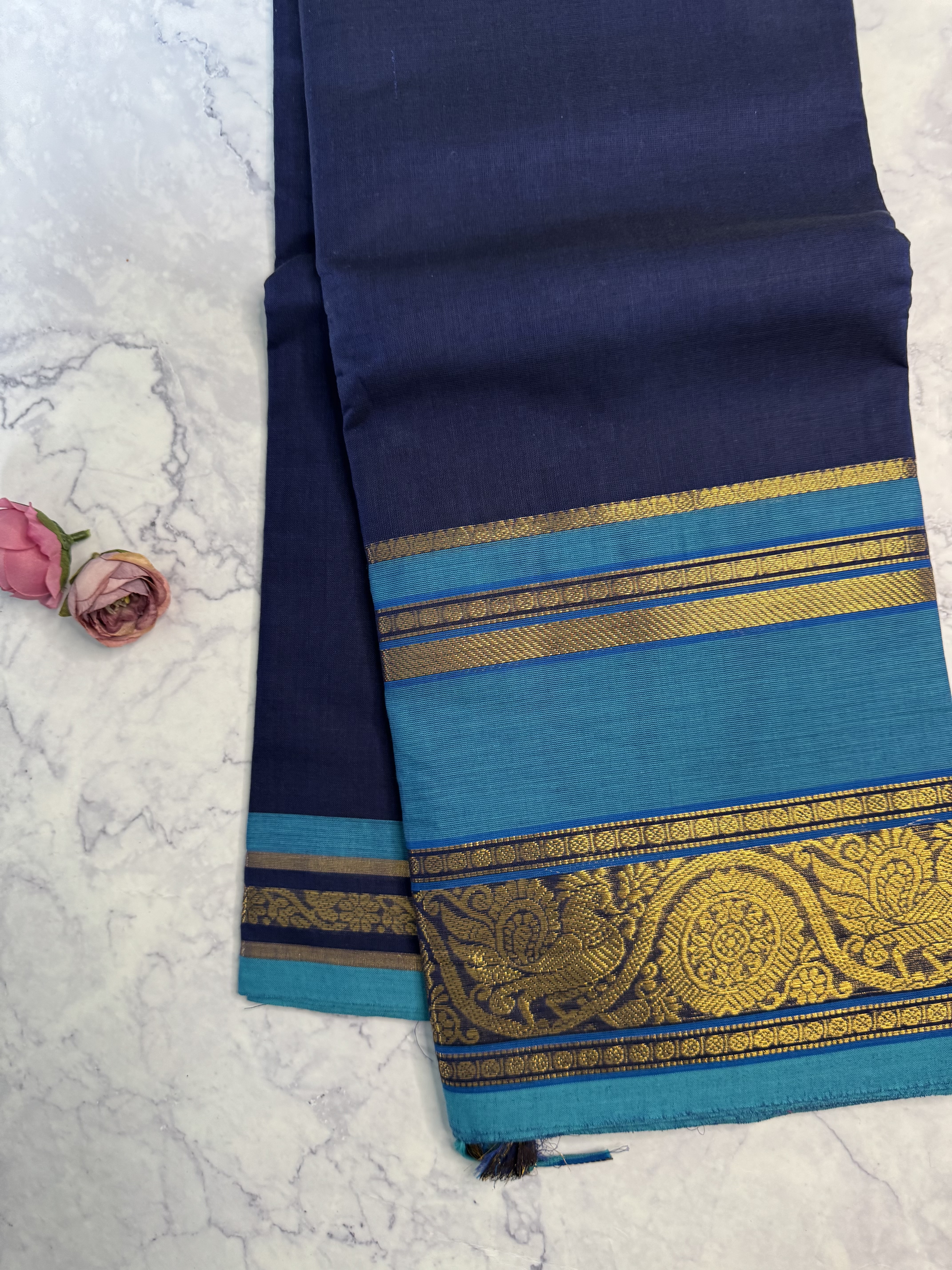 Navy blue cotton saree with light blue border