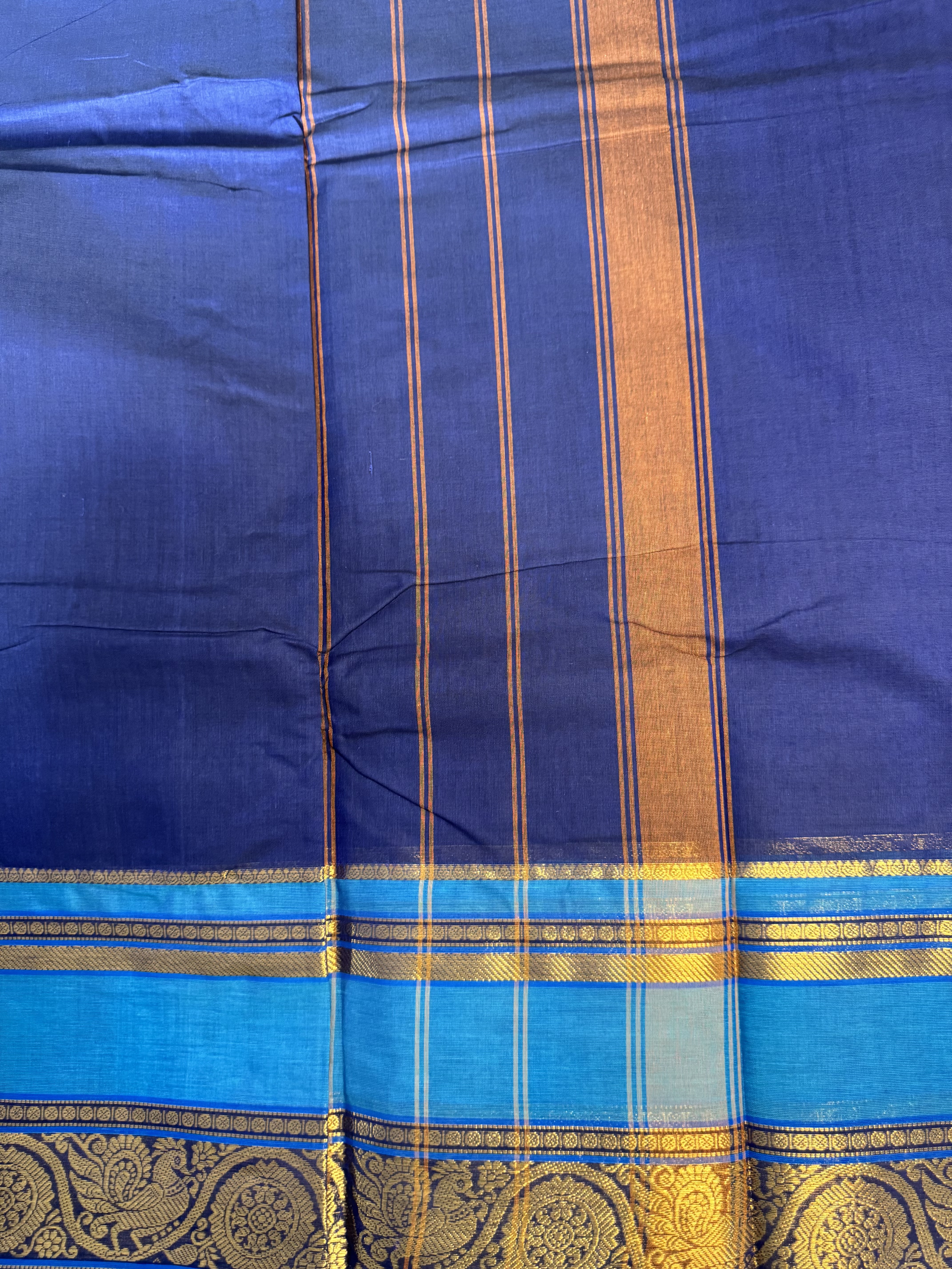 Navy blue cotton saree with light blue border