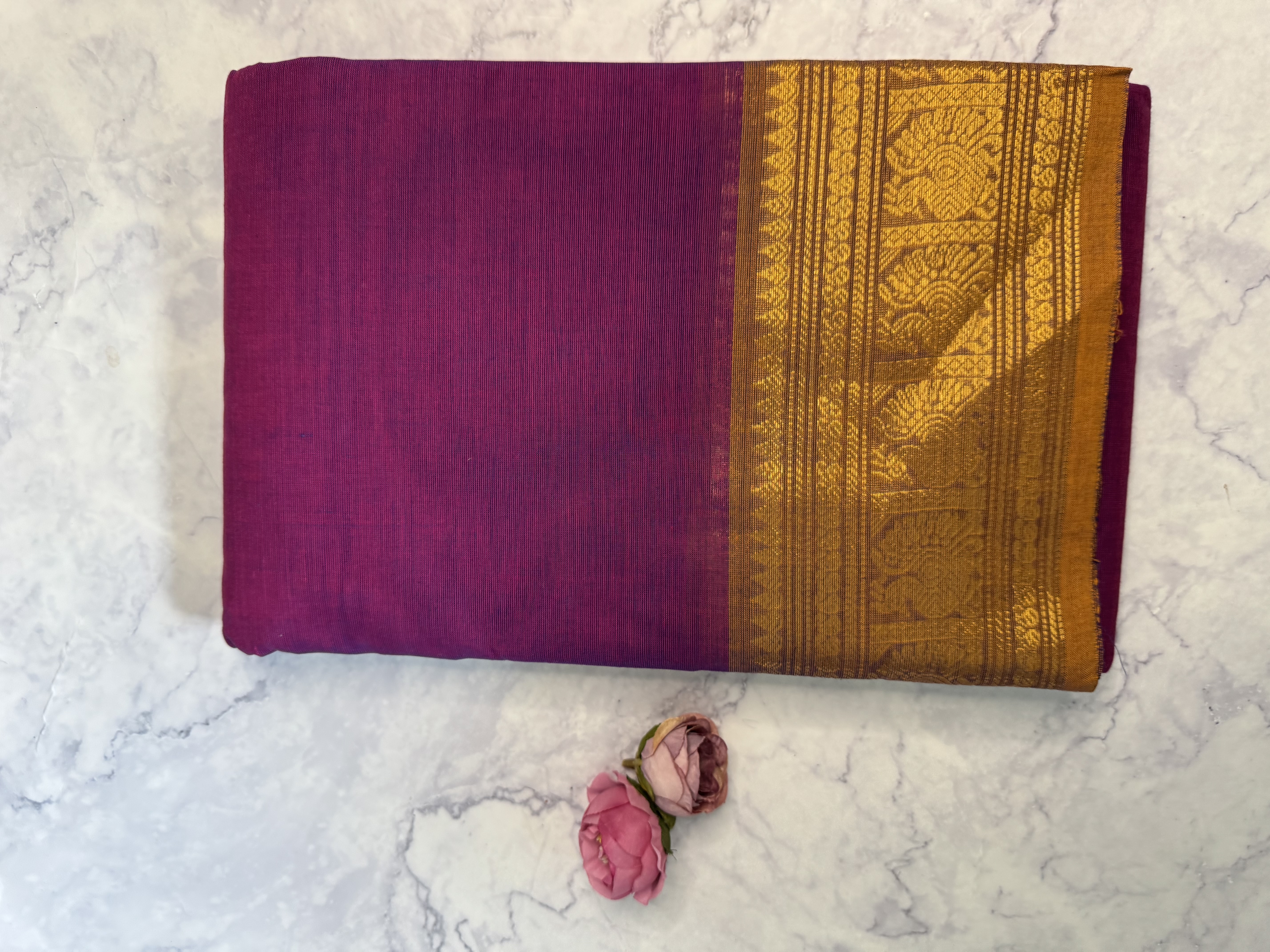 Purple saree with orange brown border
