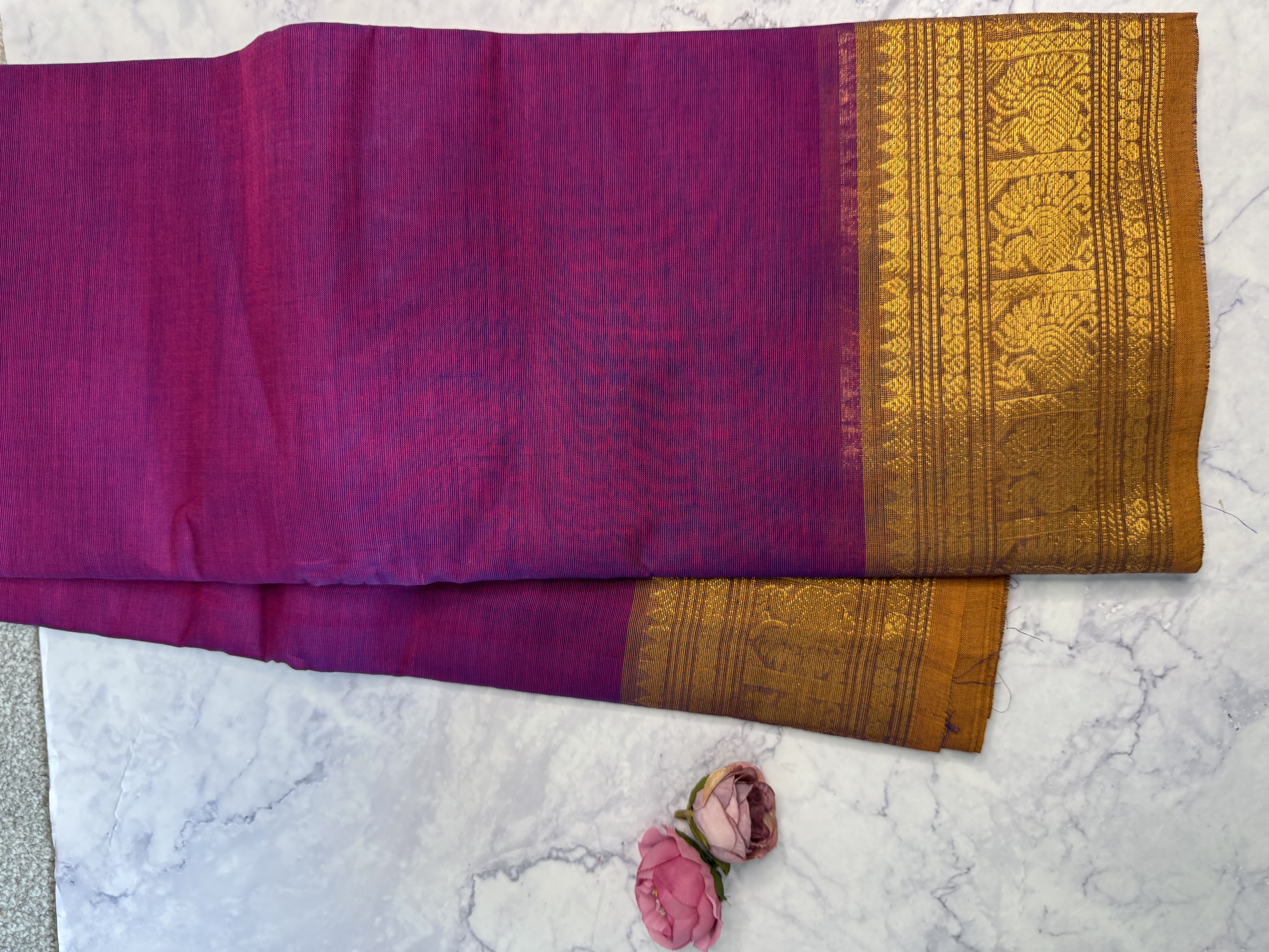 Purple saree with orange brown border