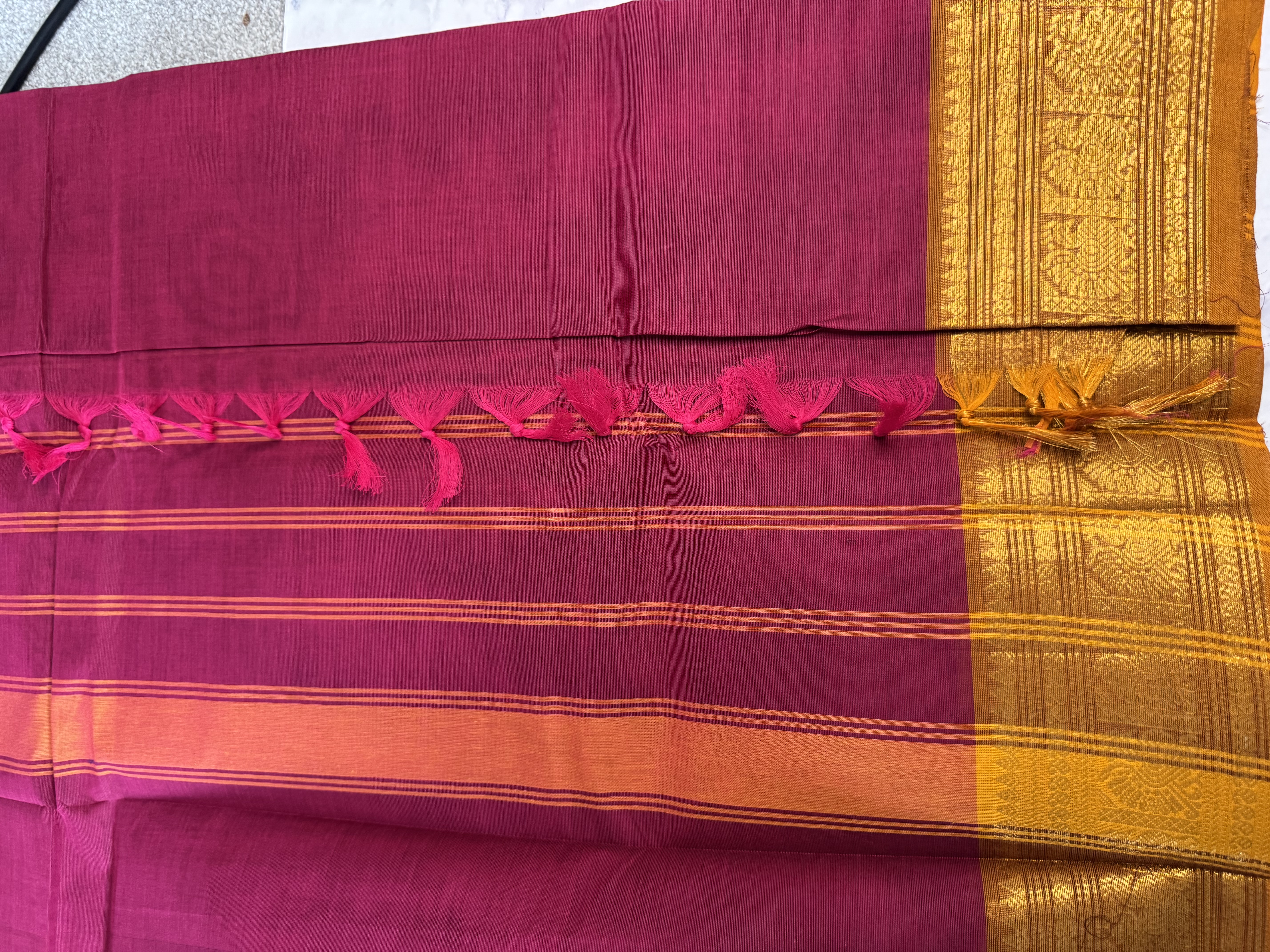 Berry pink cotton saree with orange border