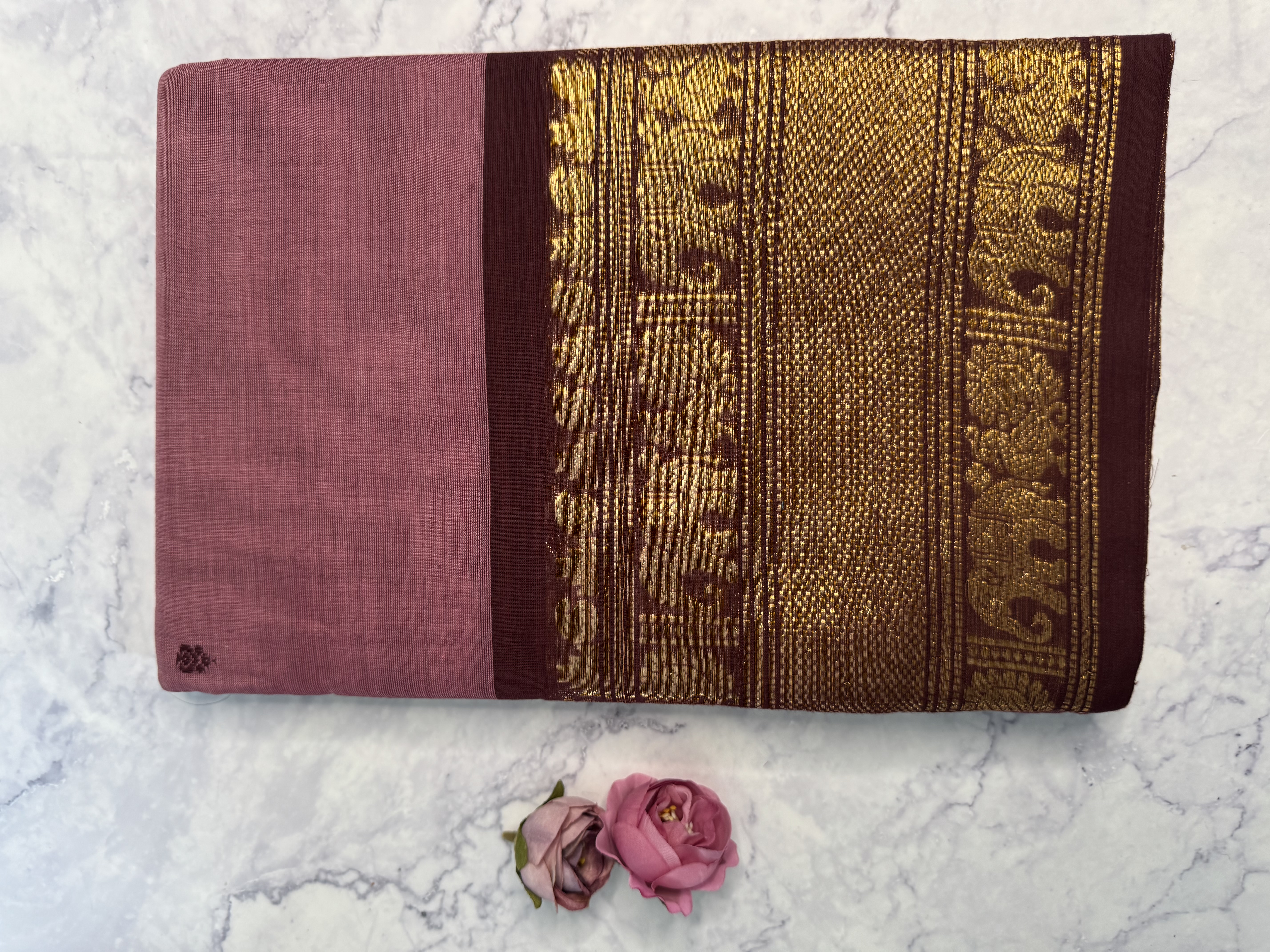 Mauve pink cotton saree with brown border
