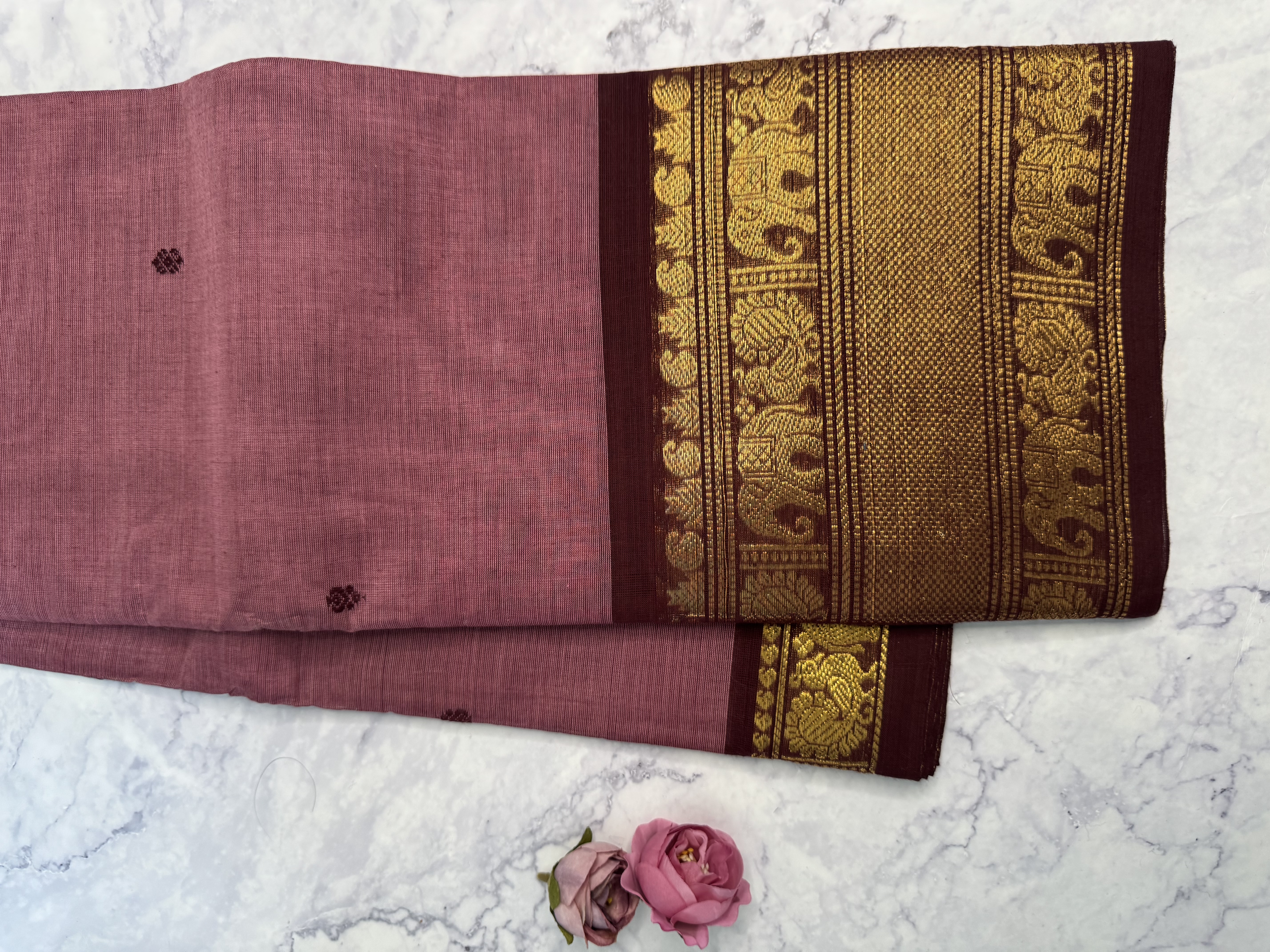 Mauve pink cotton saree with brown border