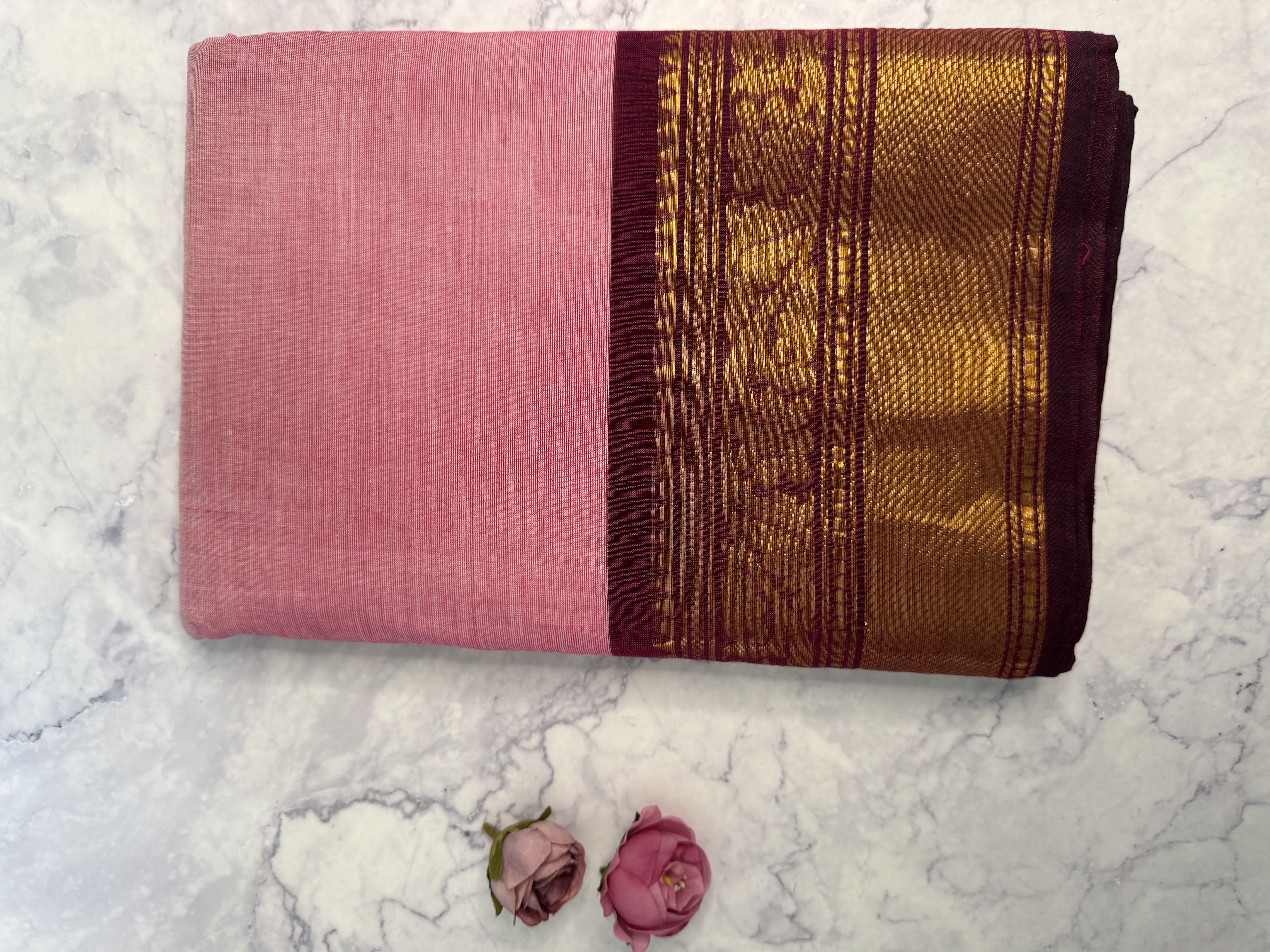 Baby pink cotton saree with wine border
