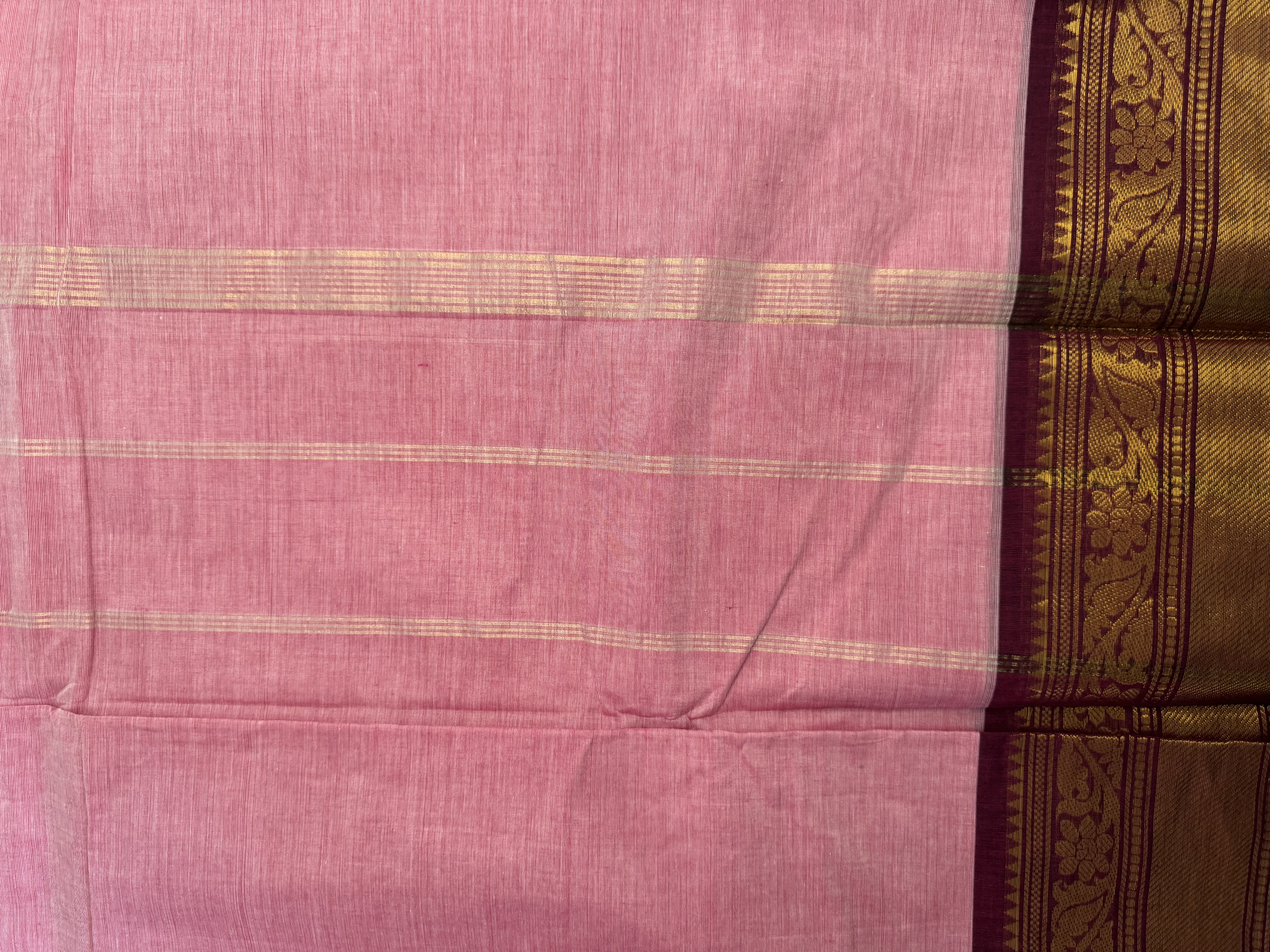 Baby pink cotton saree with wine border