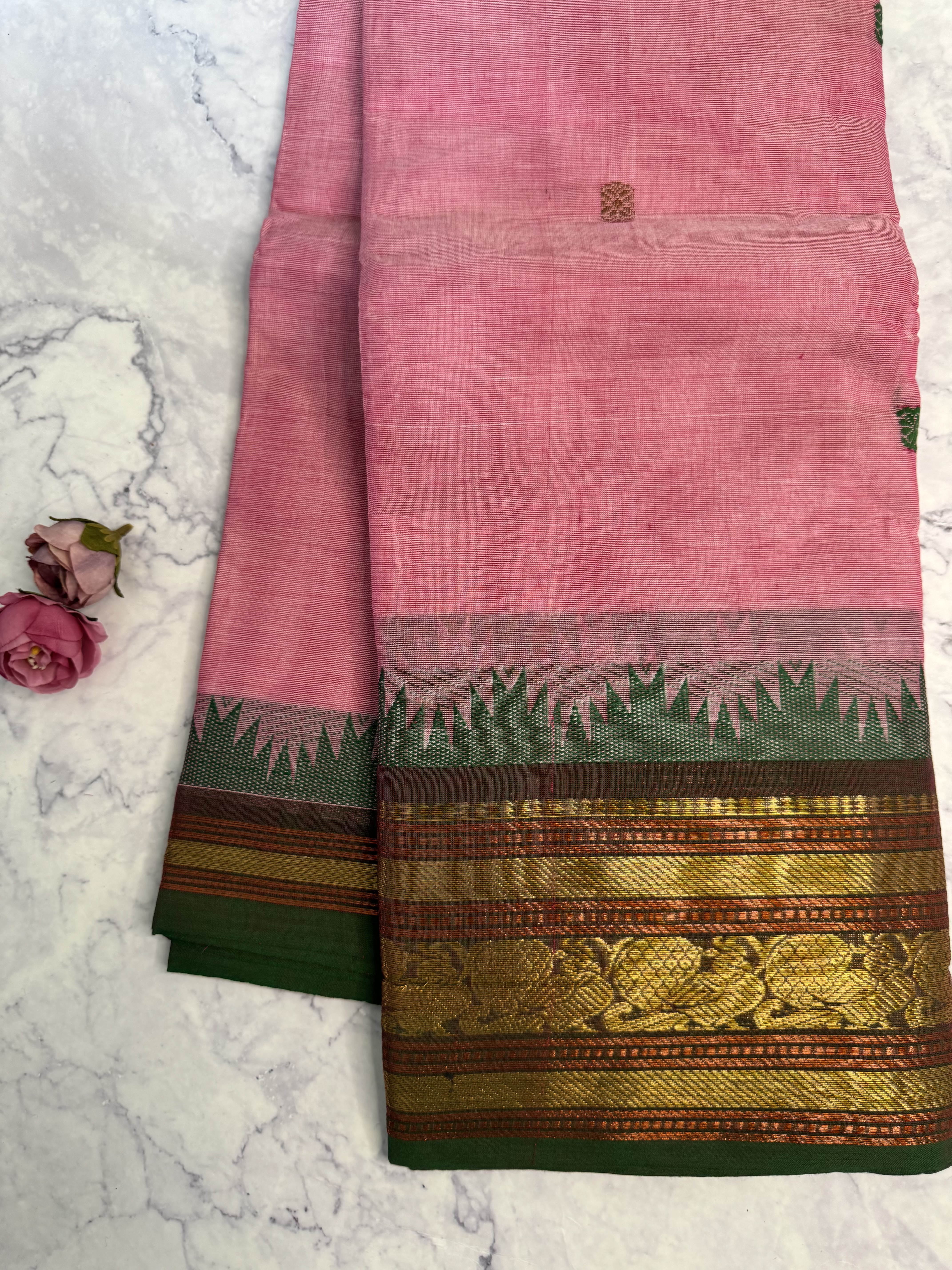 Onion pink cotton saree with green classic border