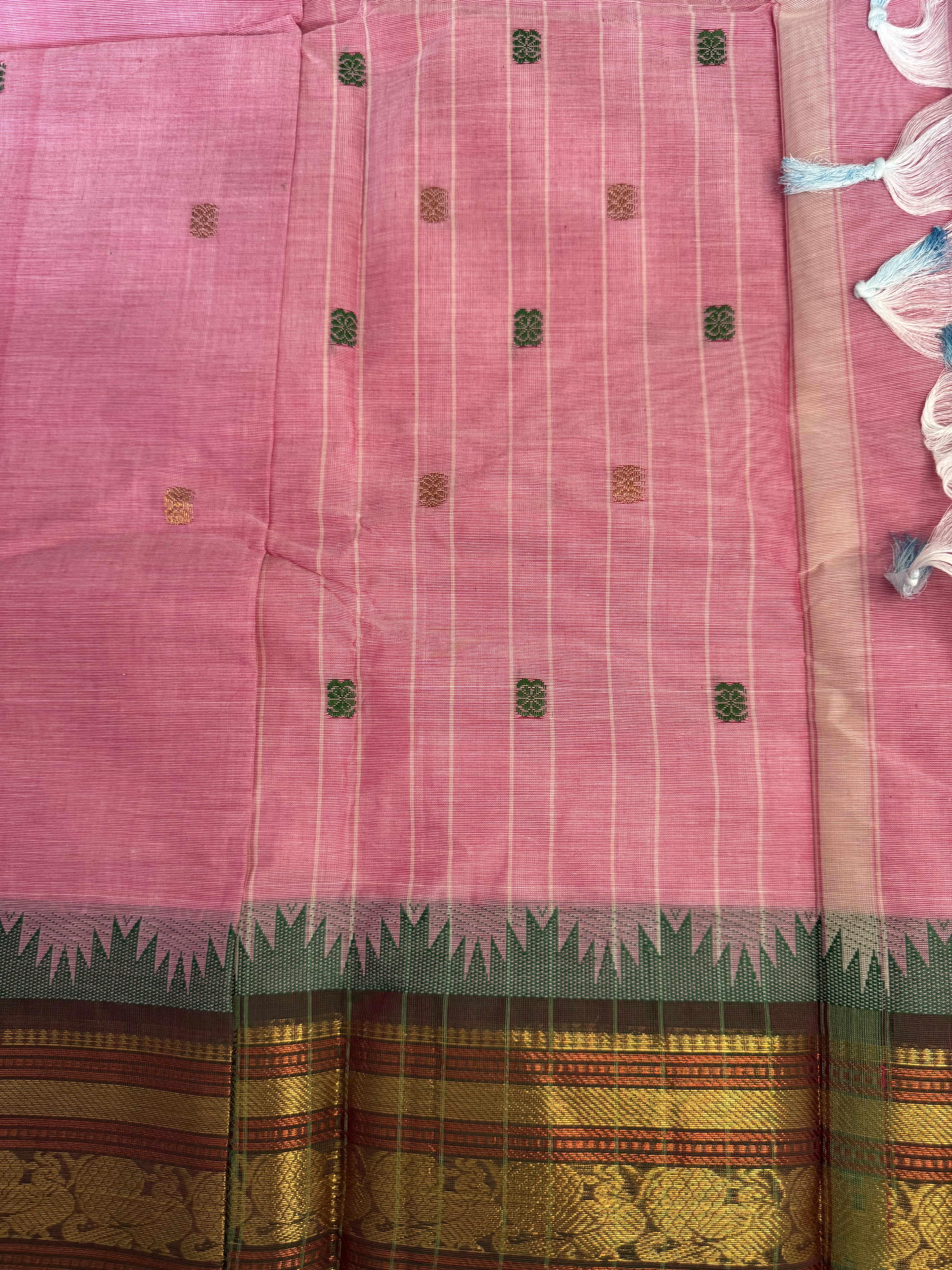 Onion pink cotton saree with green classic border