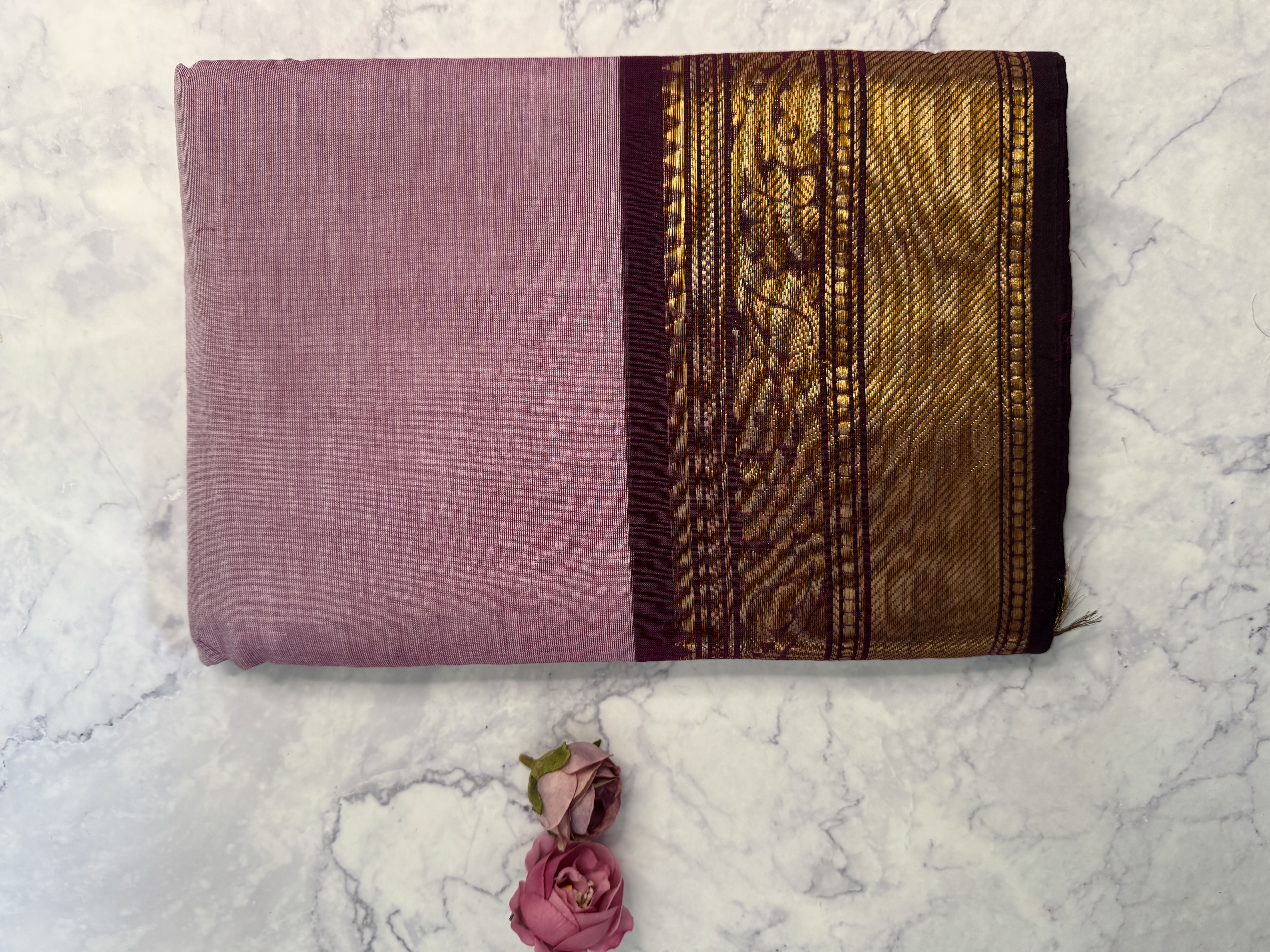 Lavender cotton saree with wine border