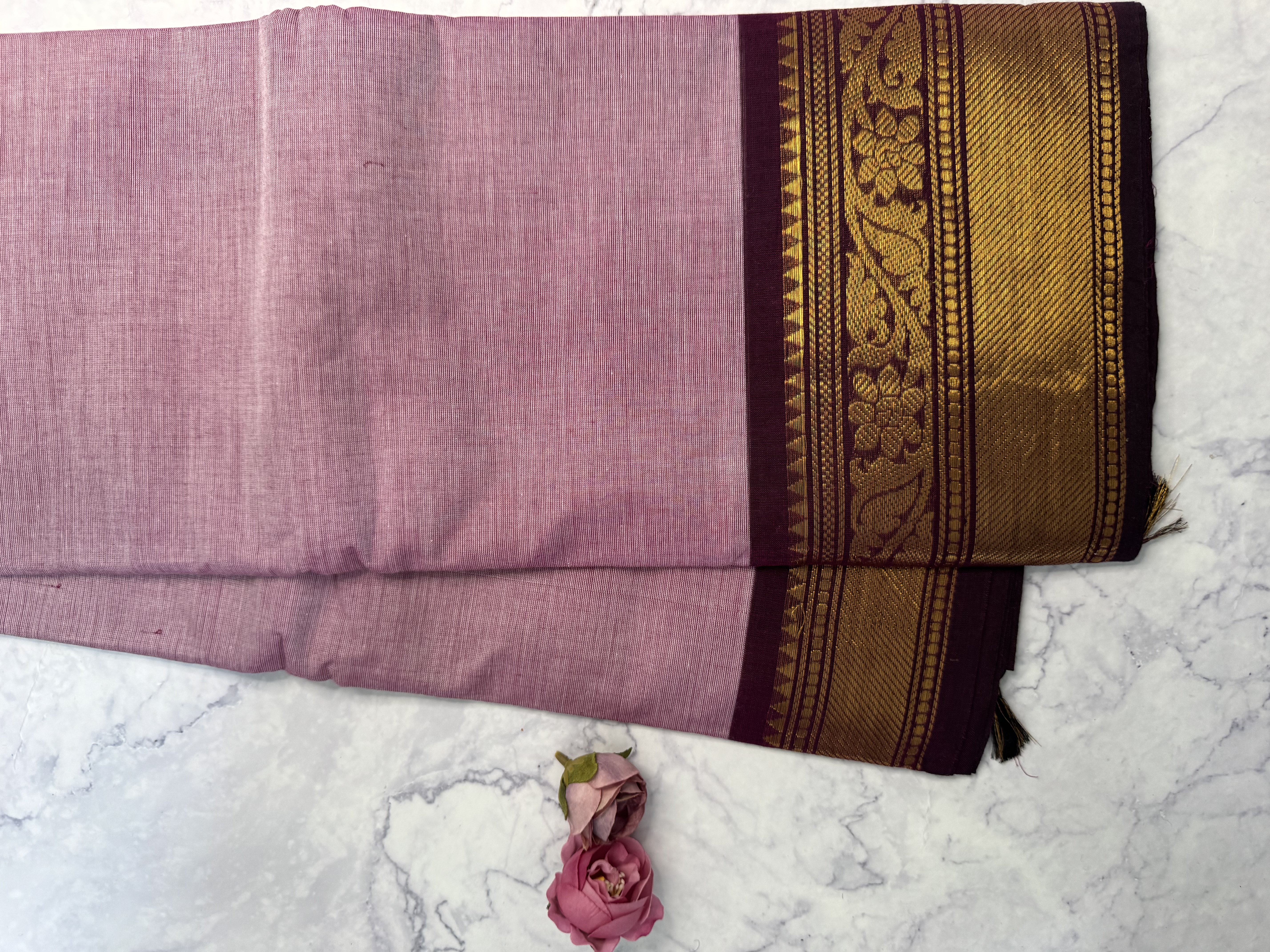 Lavender cotton saree with wine border