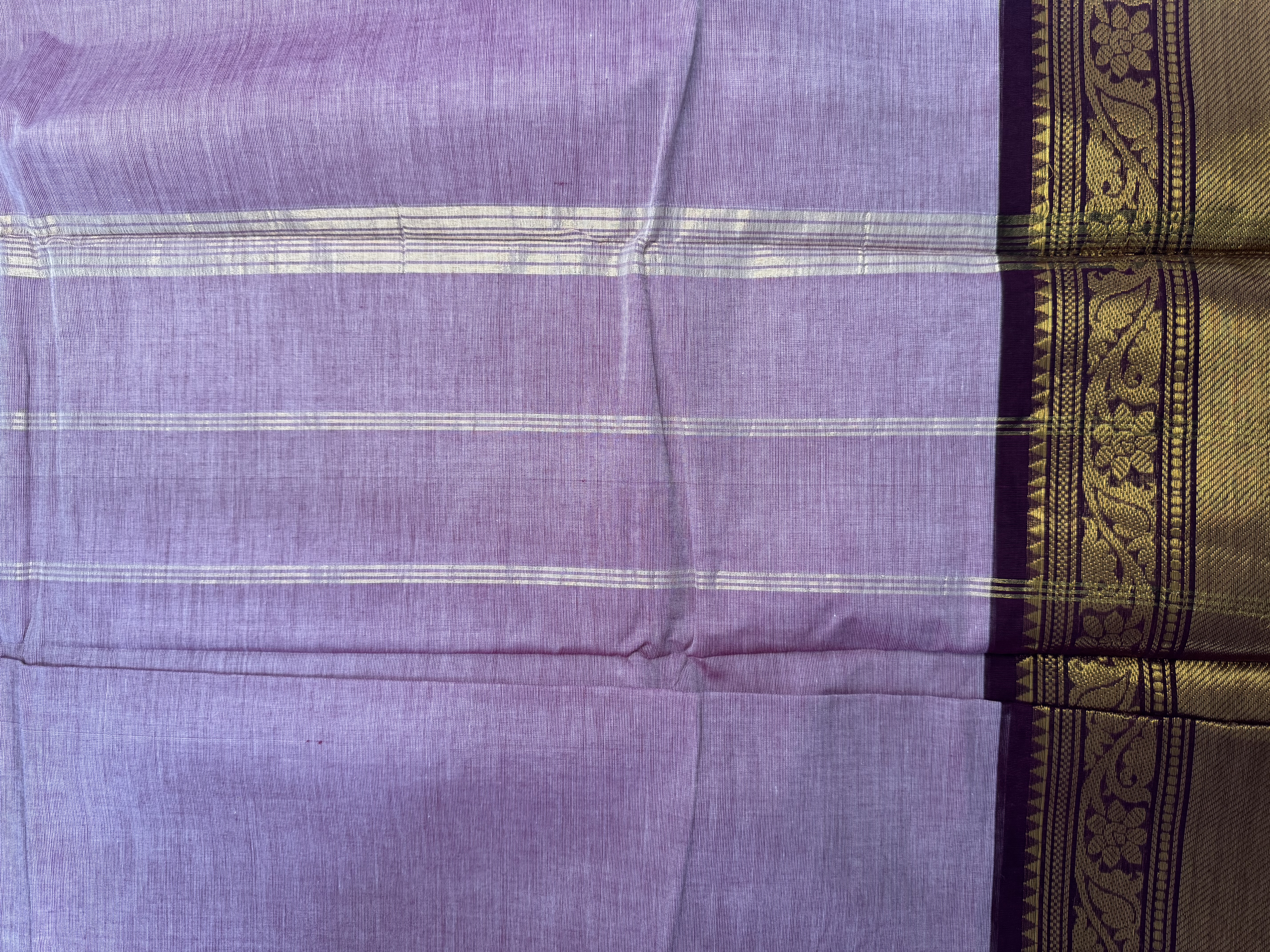 Lavender cotton saree with wine border