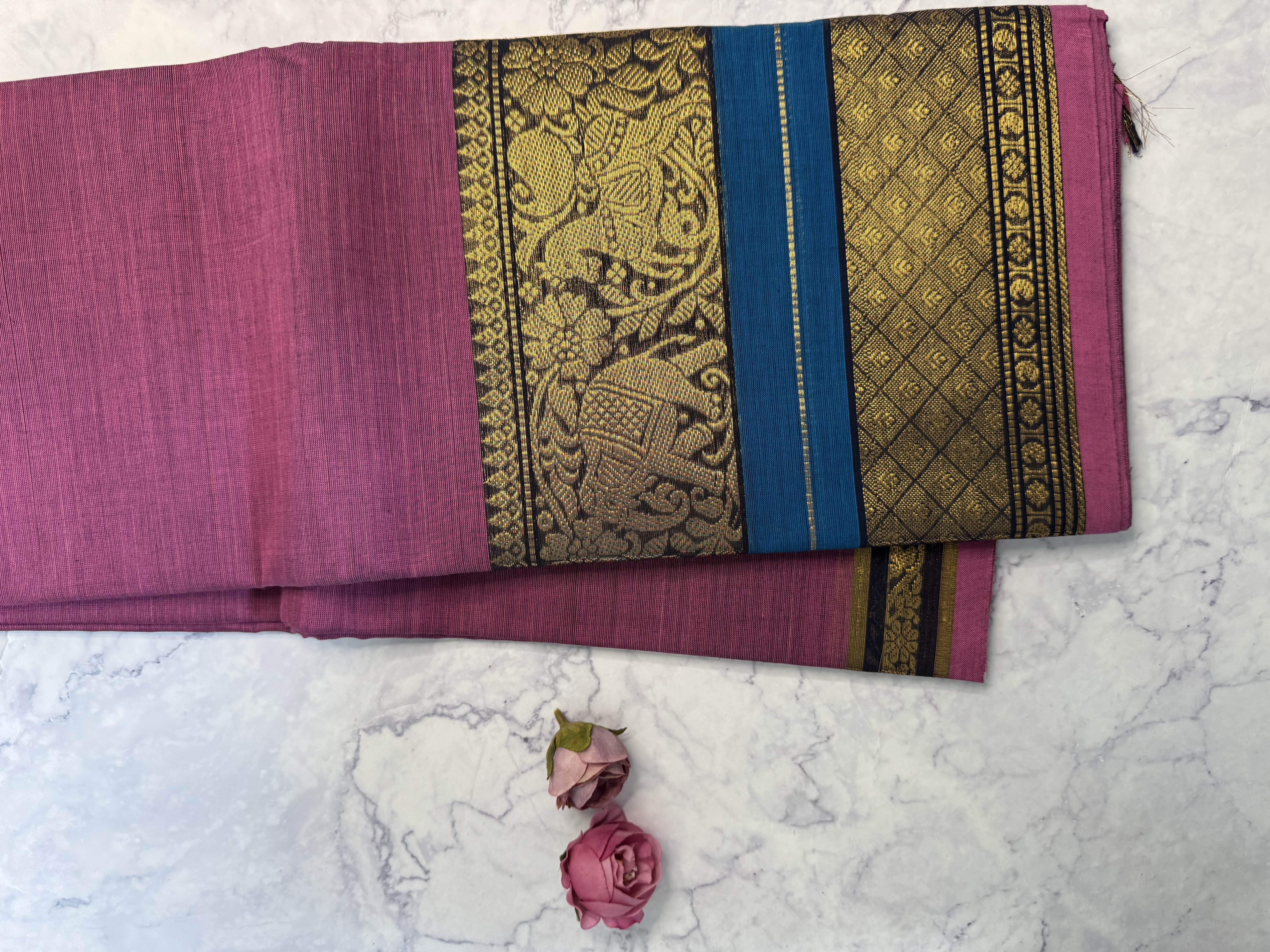 Bubblegum pink cotton saree with classic border