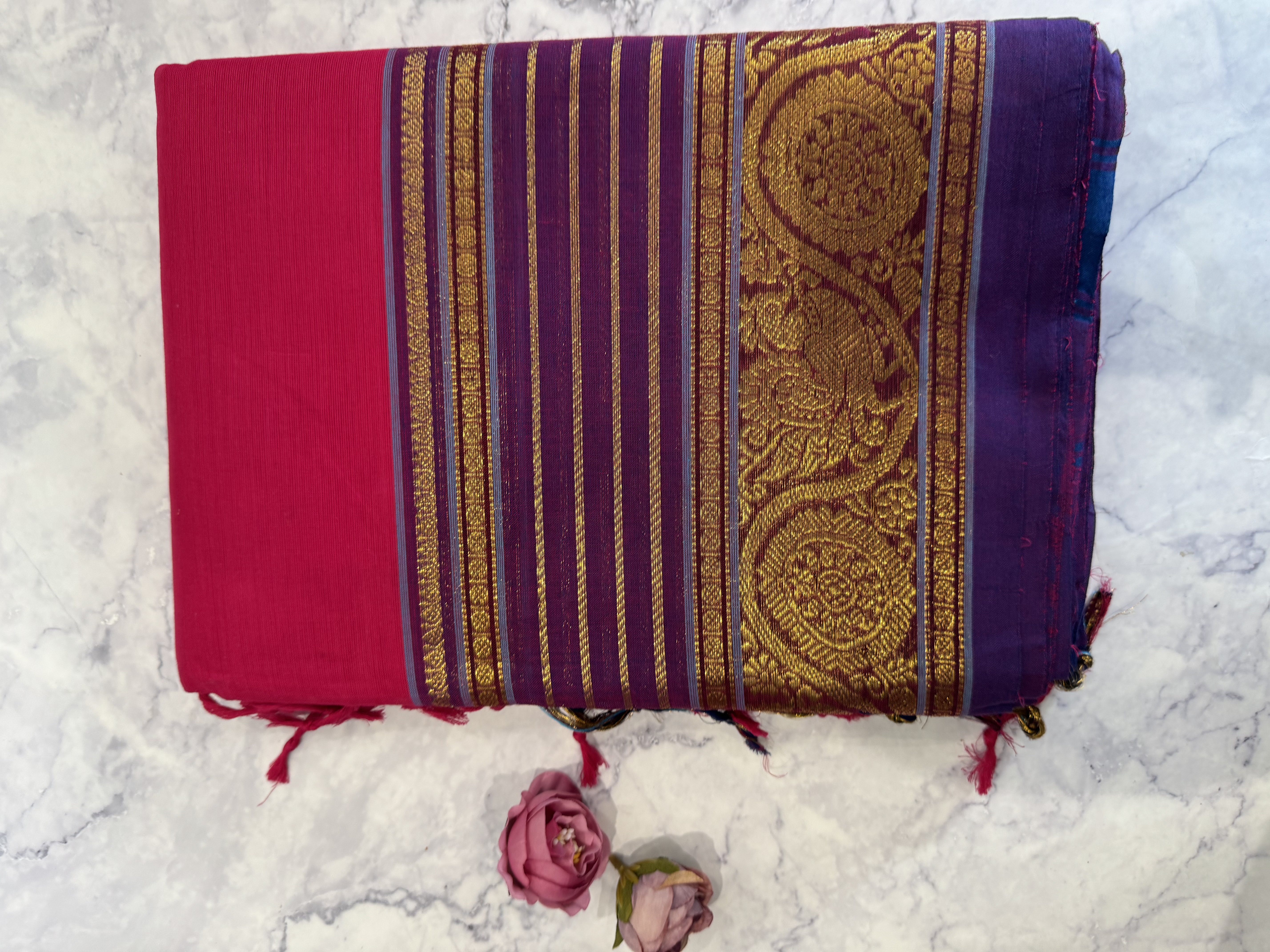 Hot pink cotton saree with classic purple border