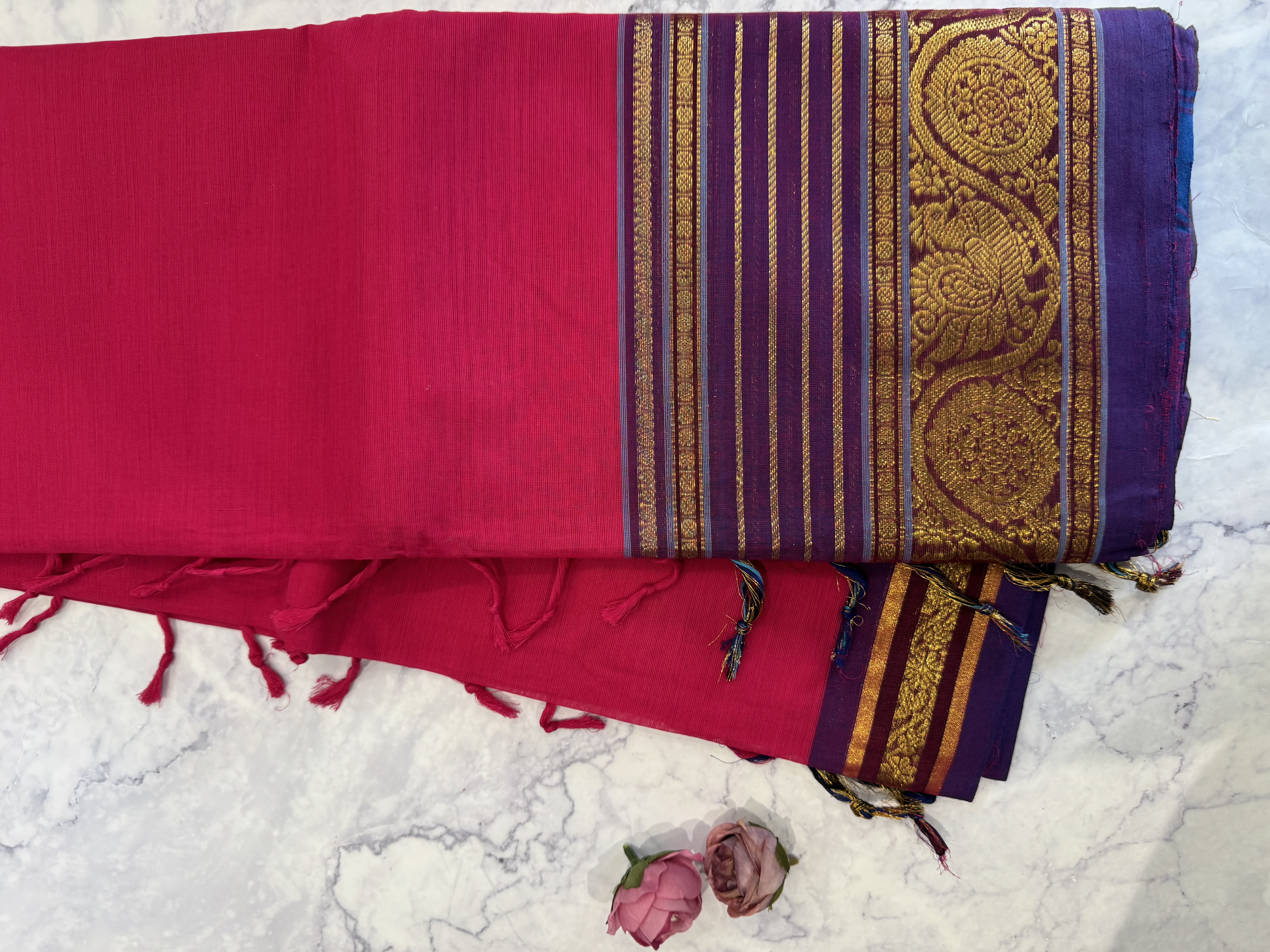 Hot pink cotton saree with classic purple border