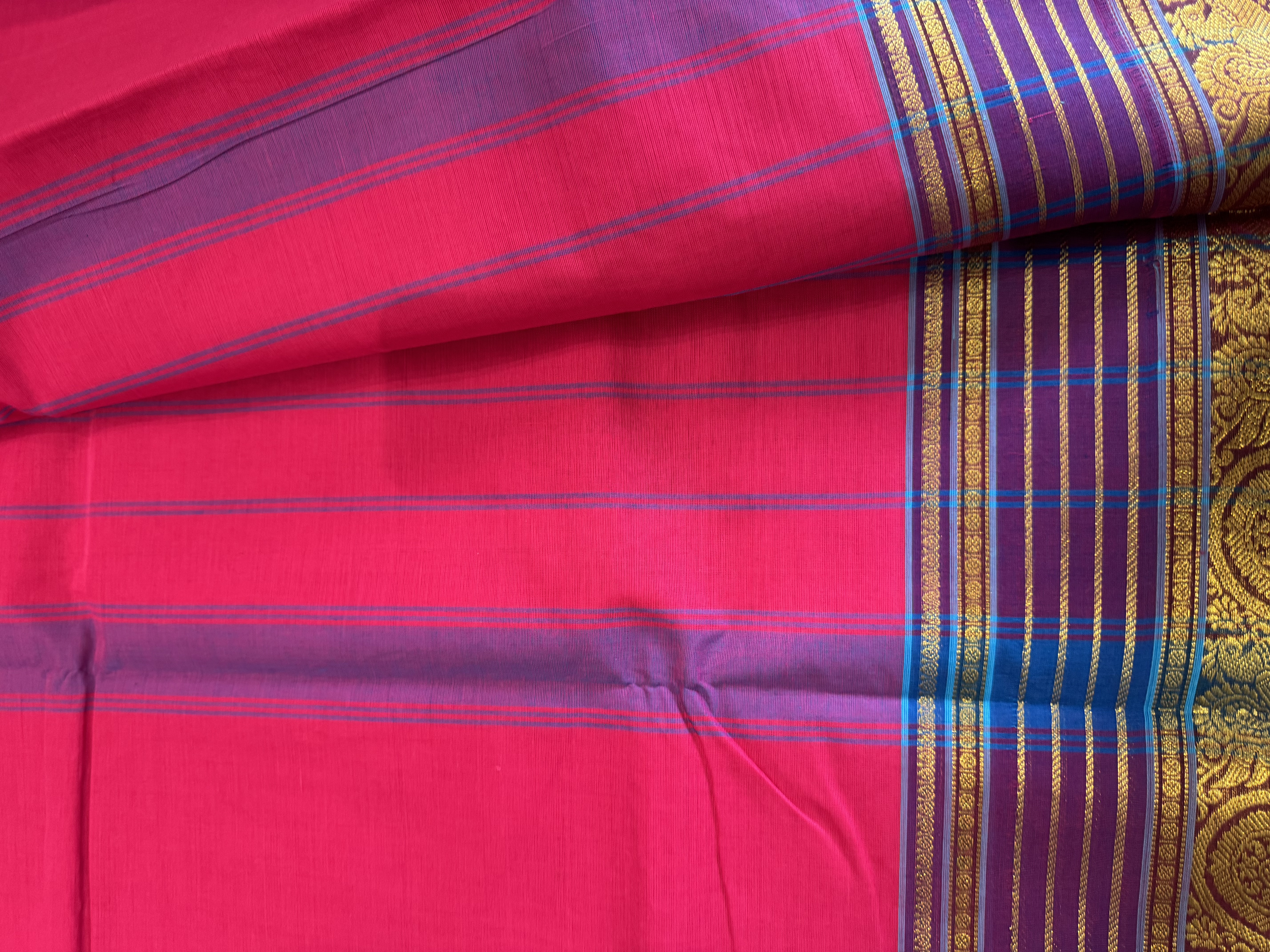 Hot pink cotton saree with classic purple border