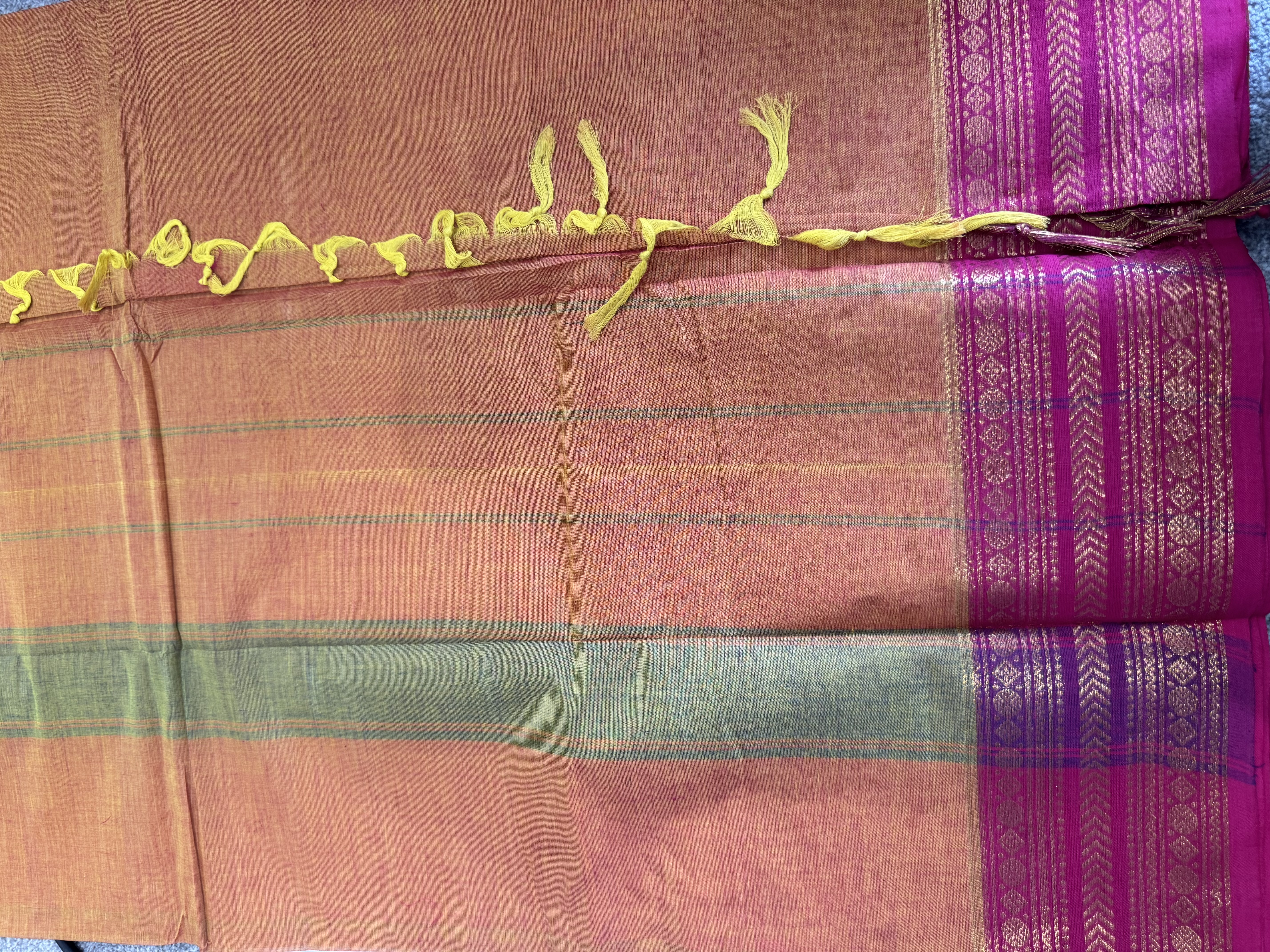 Orange cotton saree with pink border