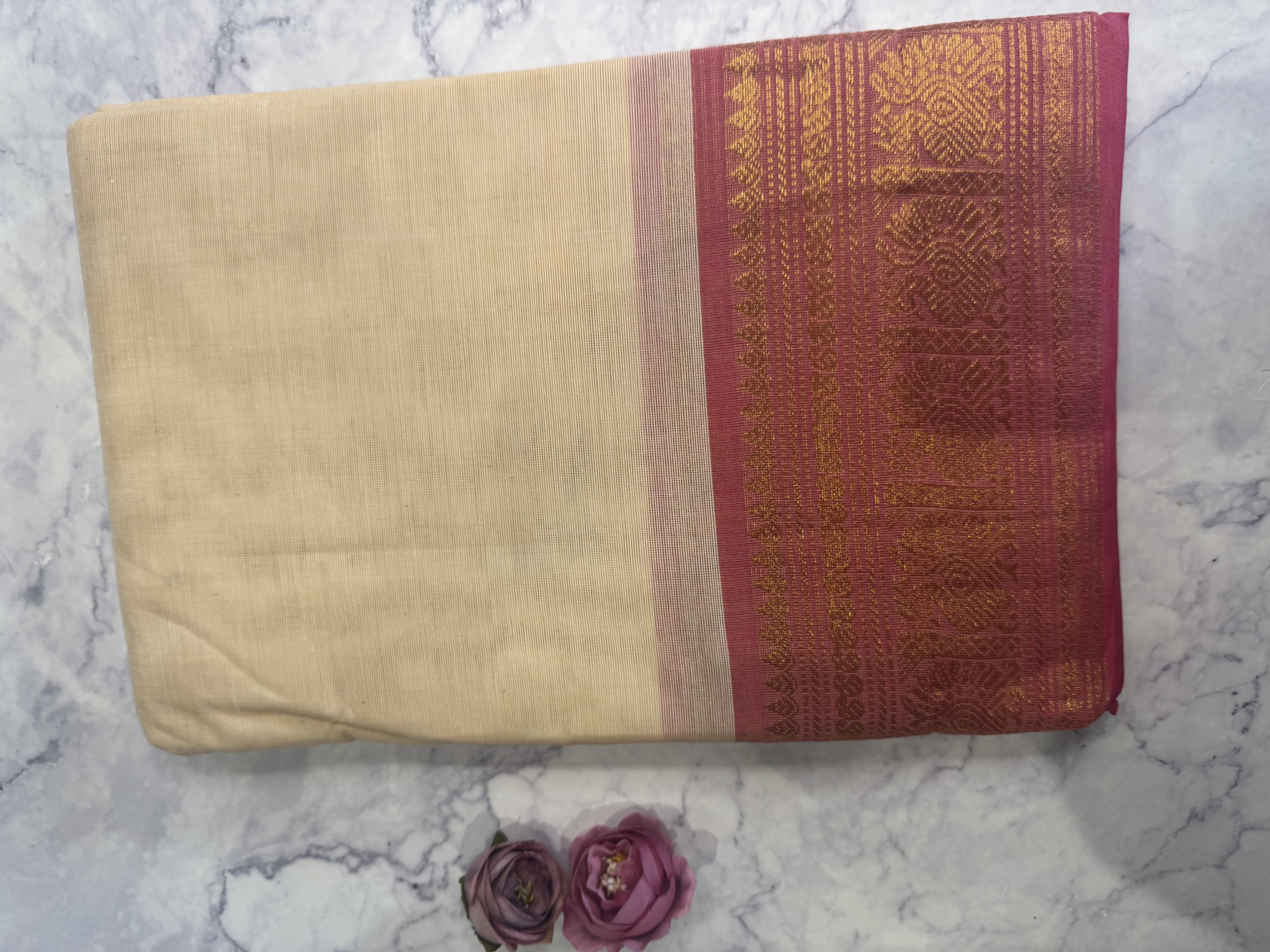 Biscuit shade cotton saree with pink border