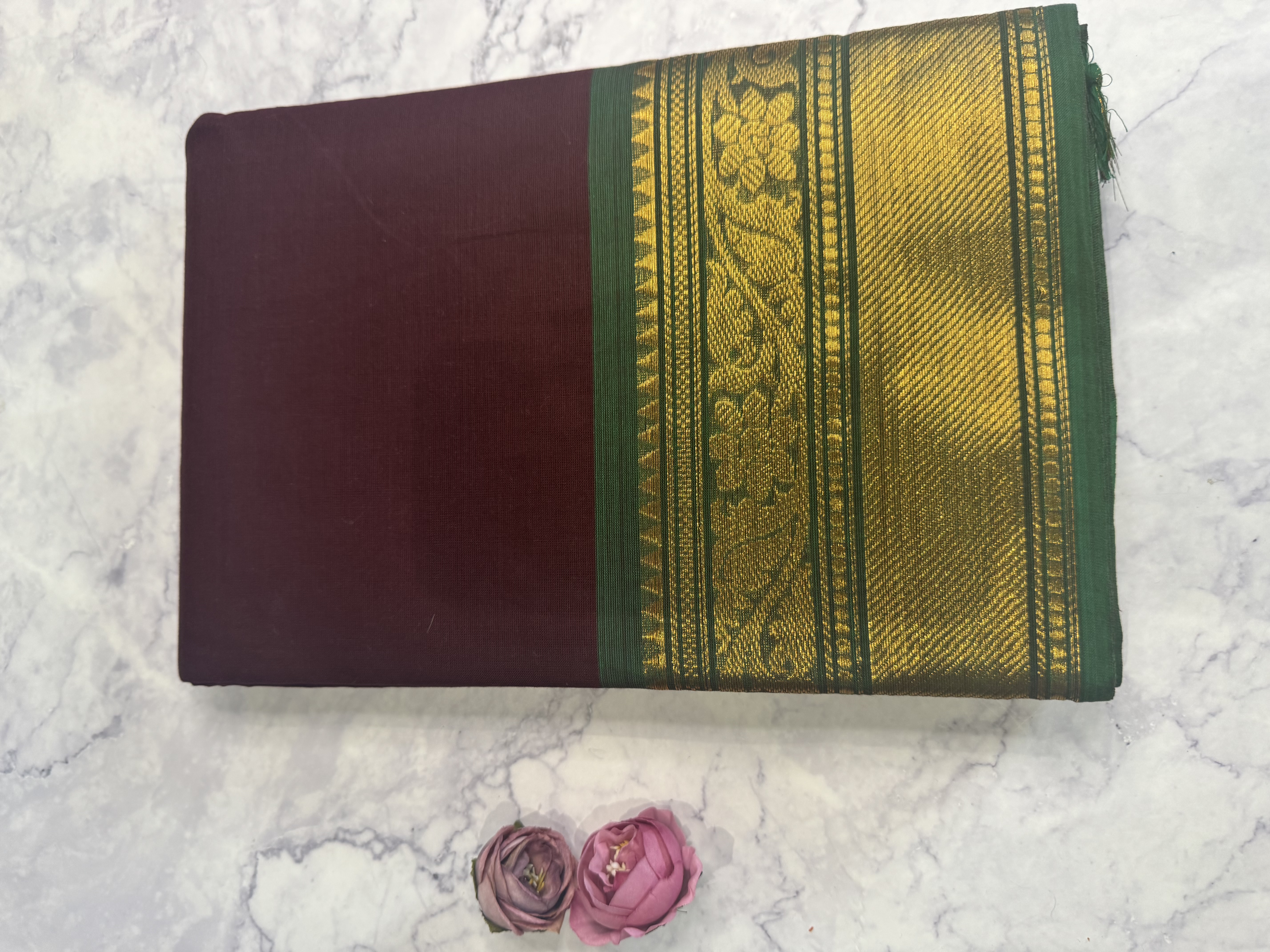 Maroon cotton saree with green border